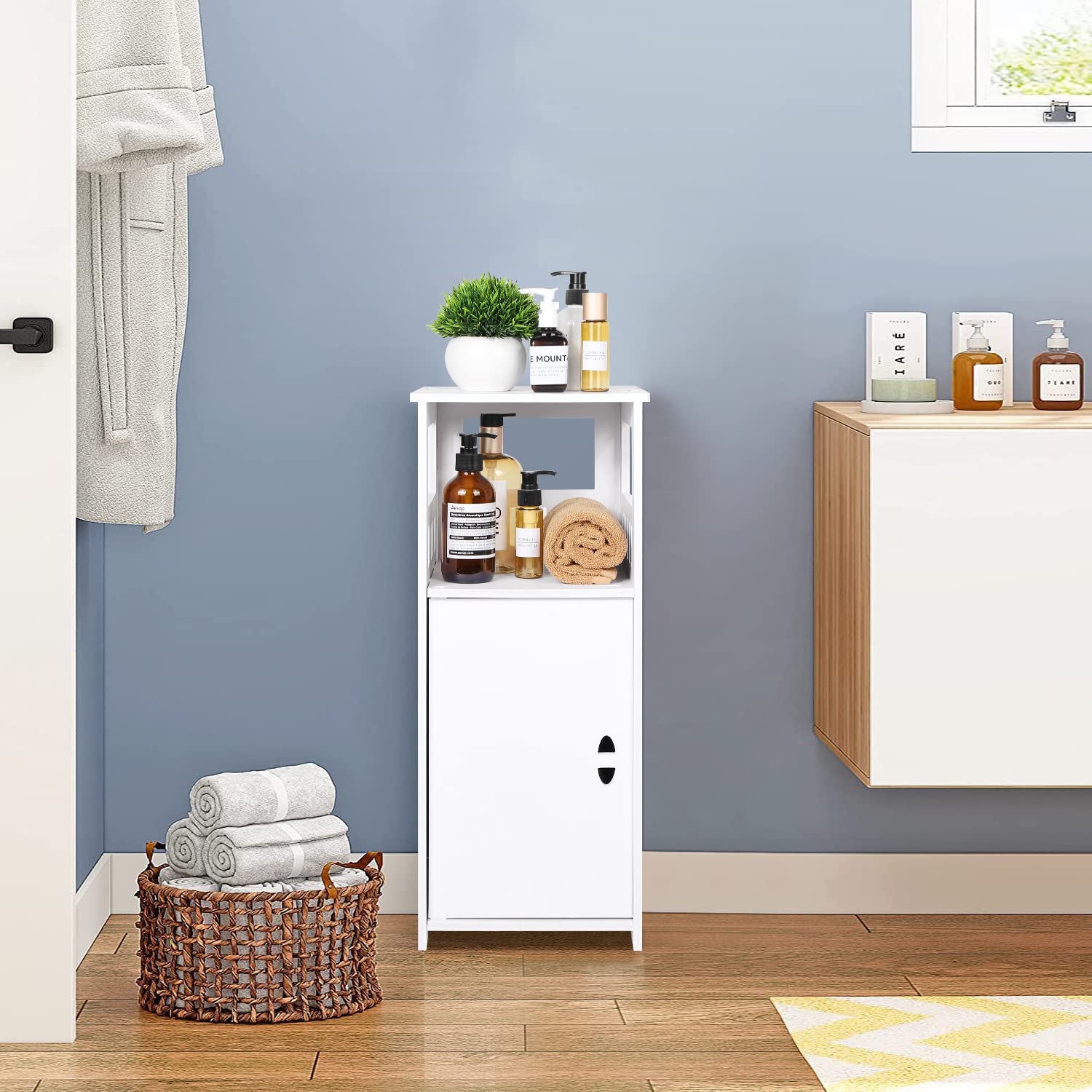 Mobile contenitore da terra per bagno bianco, mobile salvaspazio con anta e ripiano, mobile da bagno, comodino/mobile laterale per camera da letto, soggiorno.