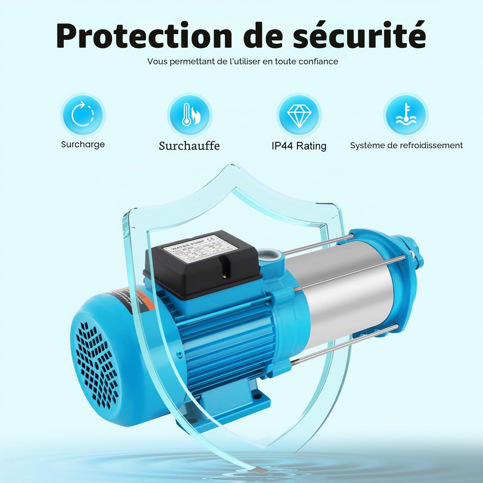 Pompe centrifuge 1300-2500 W, pressostat, commande 9,8-11 bar, installation d'eau pour renforcement de tuyauterie, alimentation en eau