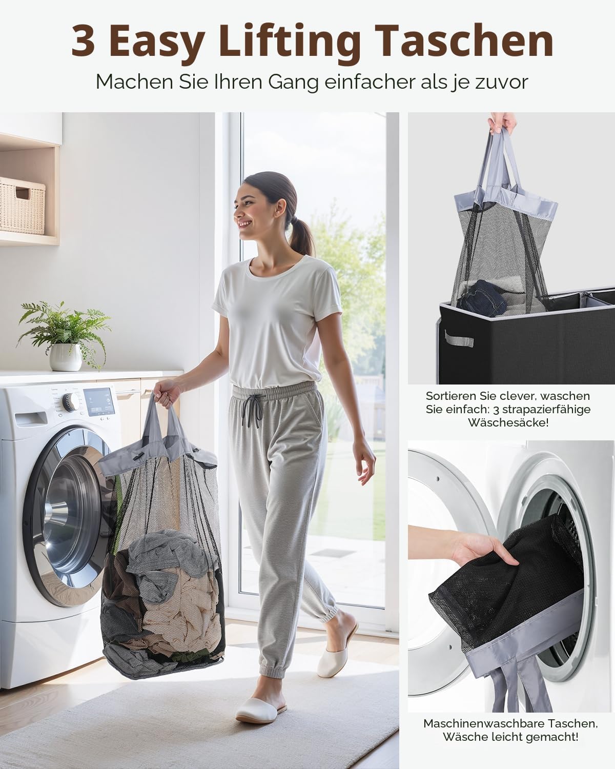 SOLEDI 180L Wäschekorb, Wäschesammler mit Deckel, 3 Fächer und 3 Wäschesack - Großer XXXL Wäschesortierer für Badezimmer, Schlafzimmer, Wäschekammer, Kinderzimmer - 3 x 60L