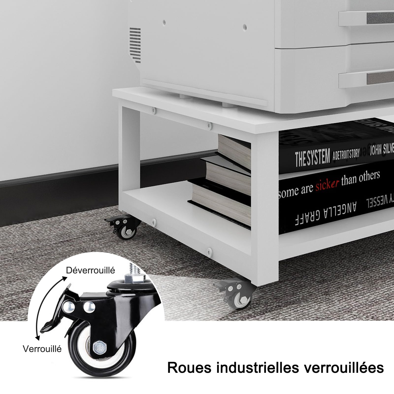 PUNCIA Support d’Imprimante à 2 Niveaux Meuble Imprimante 60x60x32,5CM | Table Roulante Robuste Chariot Mobile avec Roulette Étagère de Rangement Organisateur de Stockage pour Maison Bureau (Blanc)