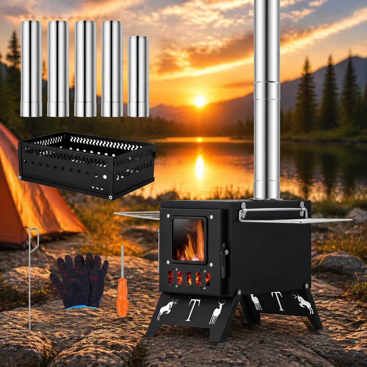 Portable Sauna Hot Tent Stove for Camping and Heat, 2 in 1 Wood Burning Stove, Camping Stove with 5 Pipes, Folding Stove for Outdoor Heating, Picnic, Cooking, Ice Fishing, Boiling Water
