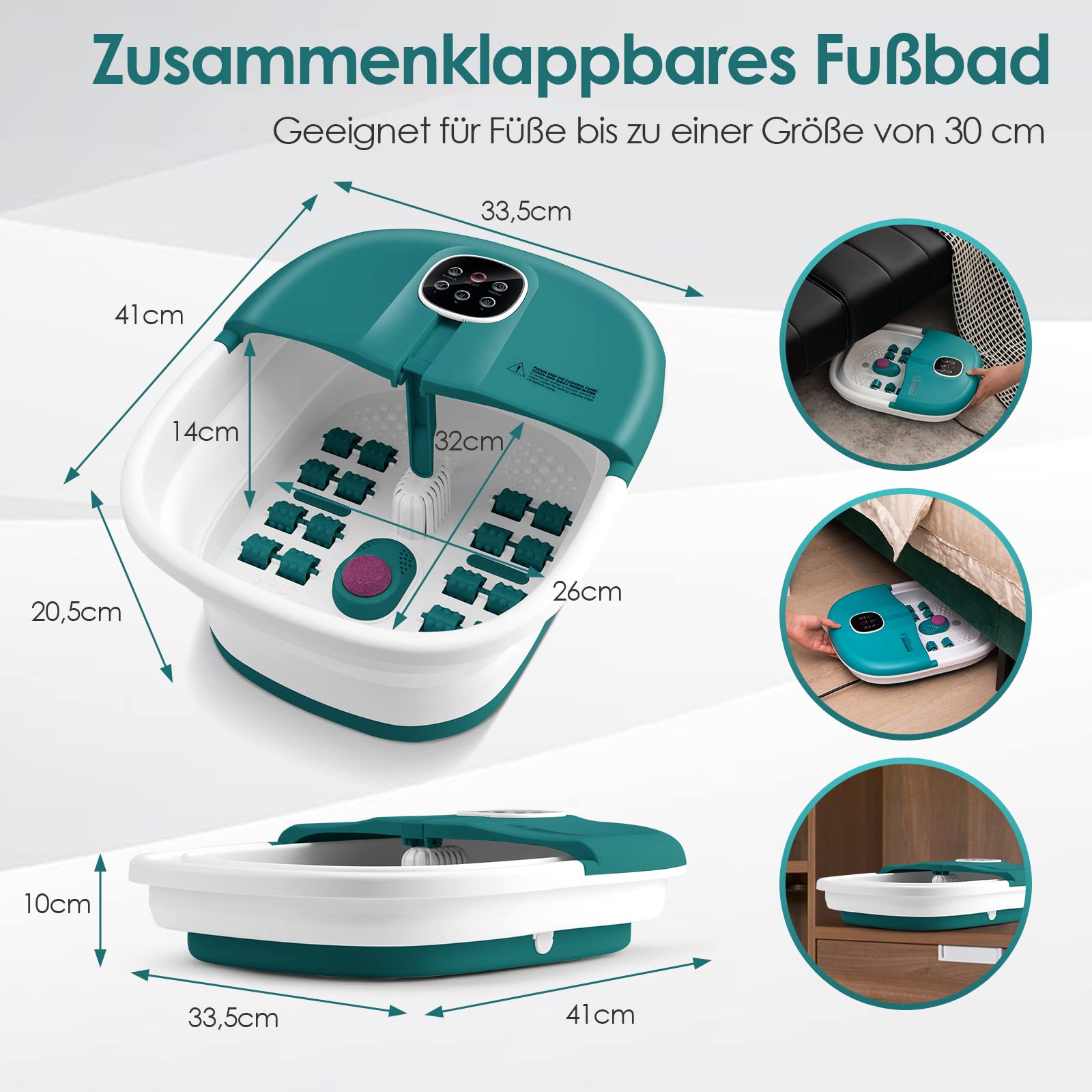 GOPLUS Fußbadwanne klappbar, elektrisches Fußmassagebad mit Massage & Heizung,16 Shiatsu-Massagerollen & Bimsstein, 3 stüfige Temperatur und Timer, Fußbad Massagegerät für Zuhause (Türkis)