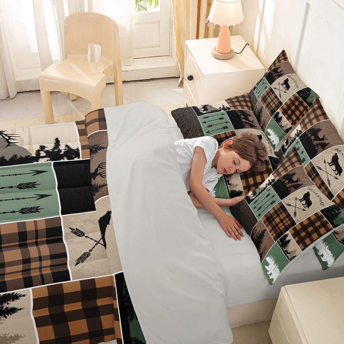 Farmhouse Rustic Comforter Set With Sheets Twin Size Wolf Bear Deer 7 Piece Bedding Set For Boys Teens Bedroom Hunting Wild Animal Bed In A Bag Plaid Arrows Adventure Patchwork Bed Sets, Brown Green