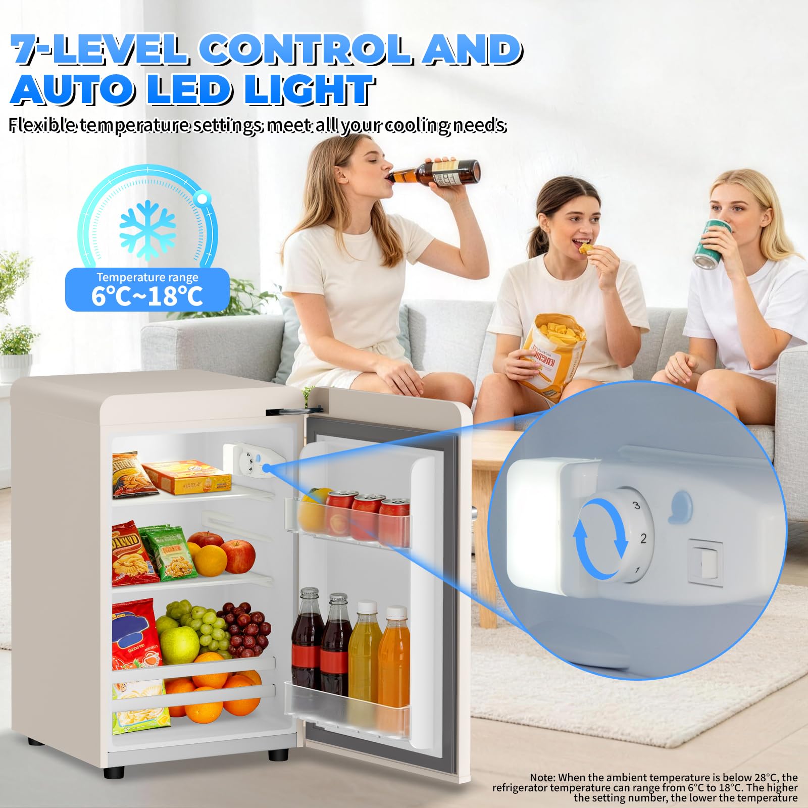 Frigorífico retro de 72 l – Silencioso (43 dB), 7 niveles de refrigeración, iluminación interior LED, para dormitorio, oficina, cocina y bar (blanco)
