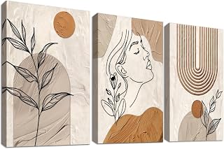 Set of 3 Wooden Framed Bohemian Earth Tone Canvas Wall Art Elegant Abstr...