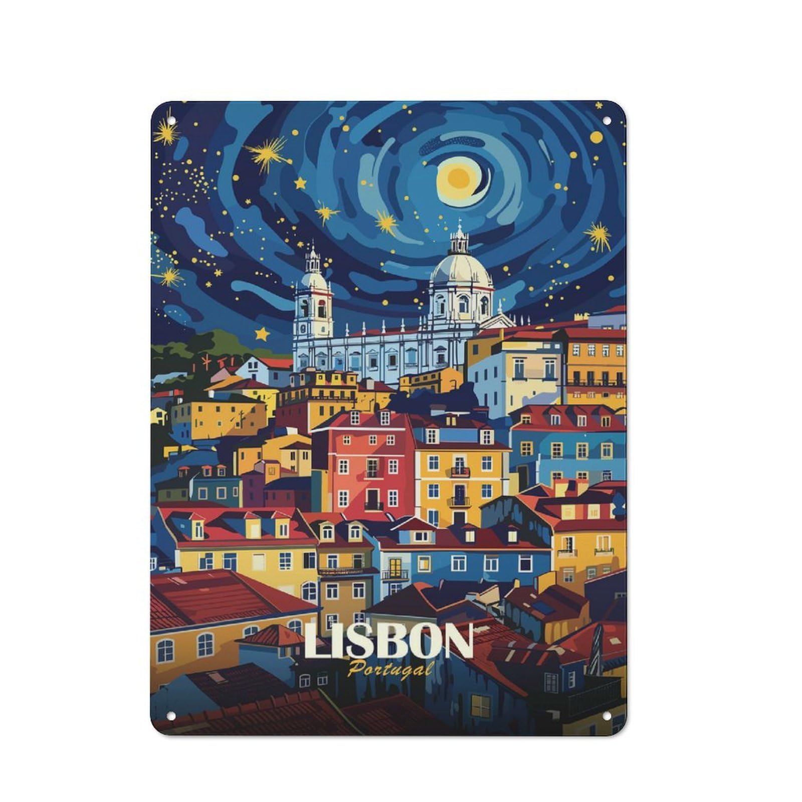 Junmoney Style-13 Tin Sign 40X30cm With Lisbon Portugal Nightscape Art For Workshop Wall, Retro Decor, For Metal Sign Collectors, For Cafés, Pubs And Restaurants