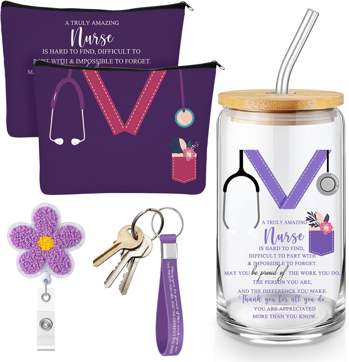 24 Pcs Nurse Appreciation Week Gifts Set Included 16 oz Glass Cups with Lid Makeup Bag Keychain Badge Reel Thank You Gift for Registered Assistant Nursing Student Graduation (Multicolor)