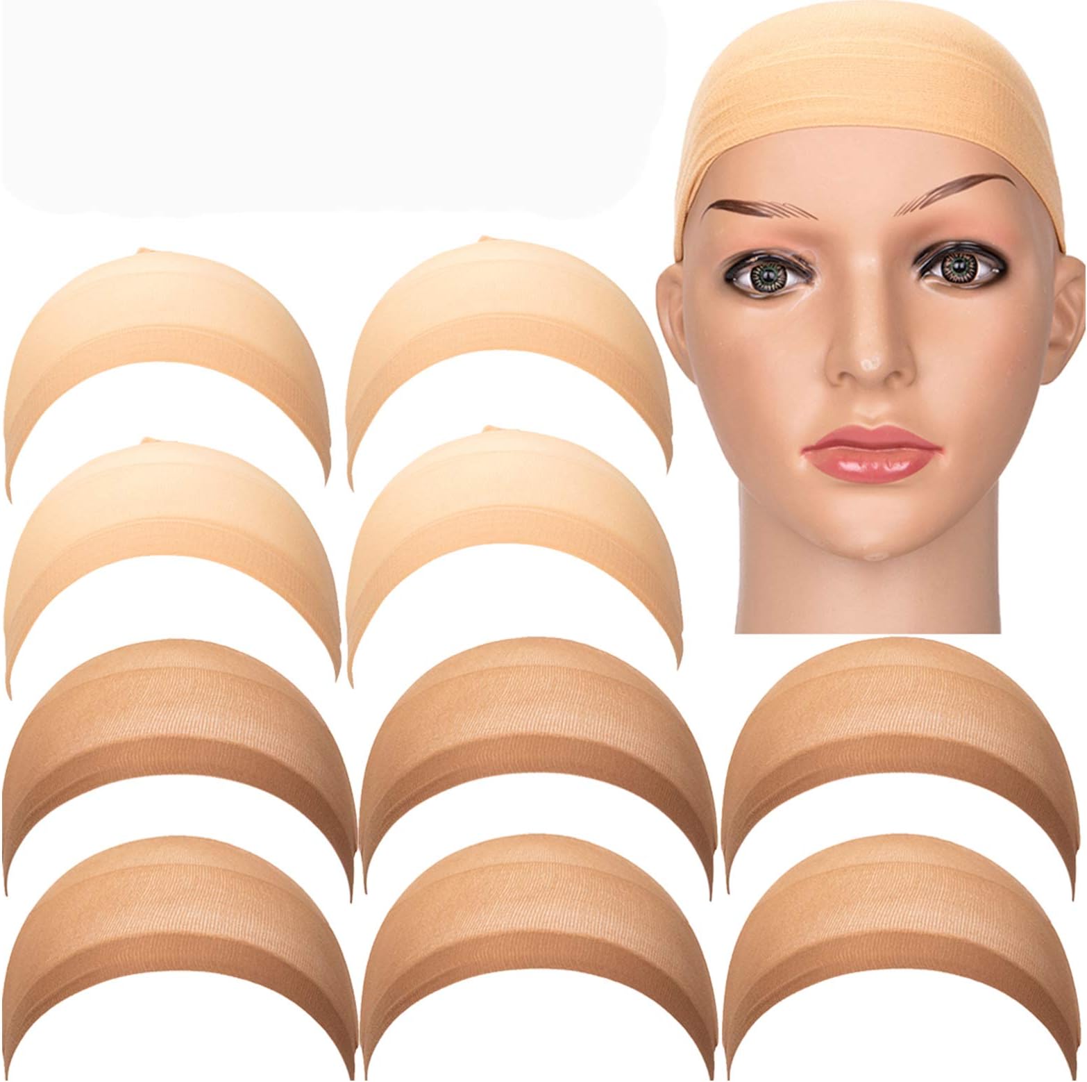 10 Pack Stretchy Nylon Stocking Wig Caps for Women and Men Elastic Close End Wig Stocking Cap Fit Most Head Size (Beige/Light Brown)