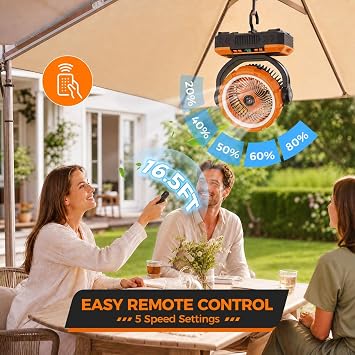 11-Inch Rechargeable Camping FanAuto-Oscillating & Max 80HRemote Control, Portable Battery Powered Operated Fan,Light,Timer,Hook,Outdoor Tent Fan for Patios,Beach,Fishing,Emergency,Camping Essential