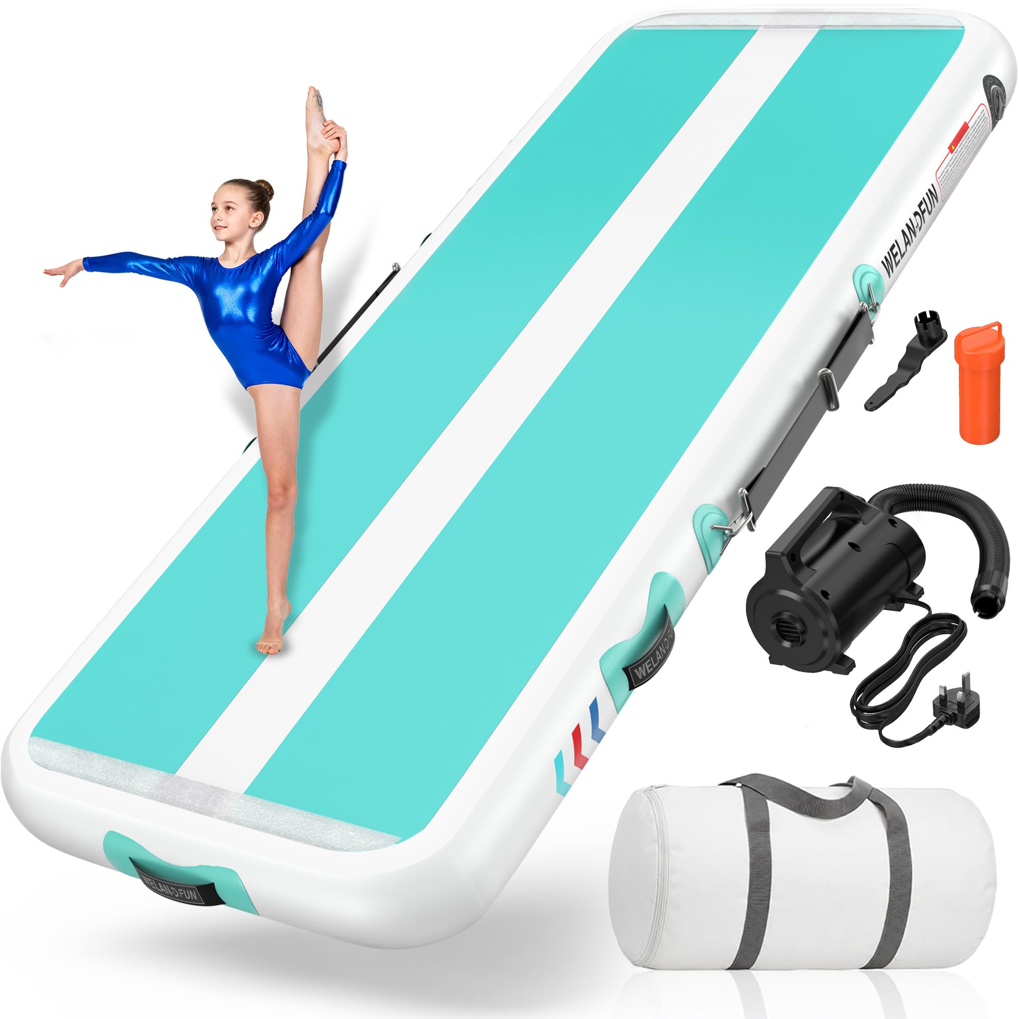 WELANDFUN Air Matte Track Turnmatte Aufblasbar 15 / 20cm mit Luftpumpe, 3/4 / 5 / 6m Gymnastikmatte Tumbling Matten, Trainingsmatte für Yoga/Zuhause/Taumel/Turnhalle/Ausbildung/Cheerleading