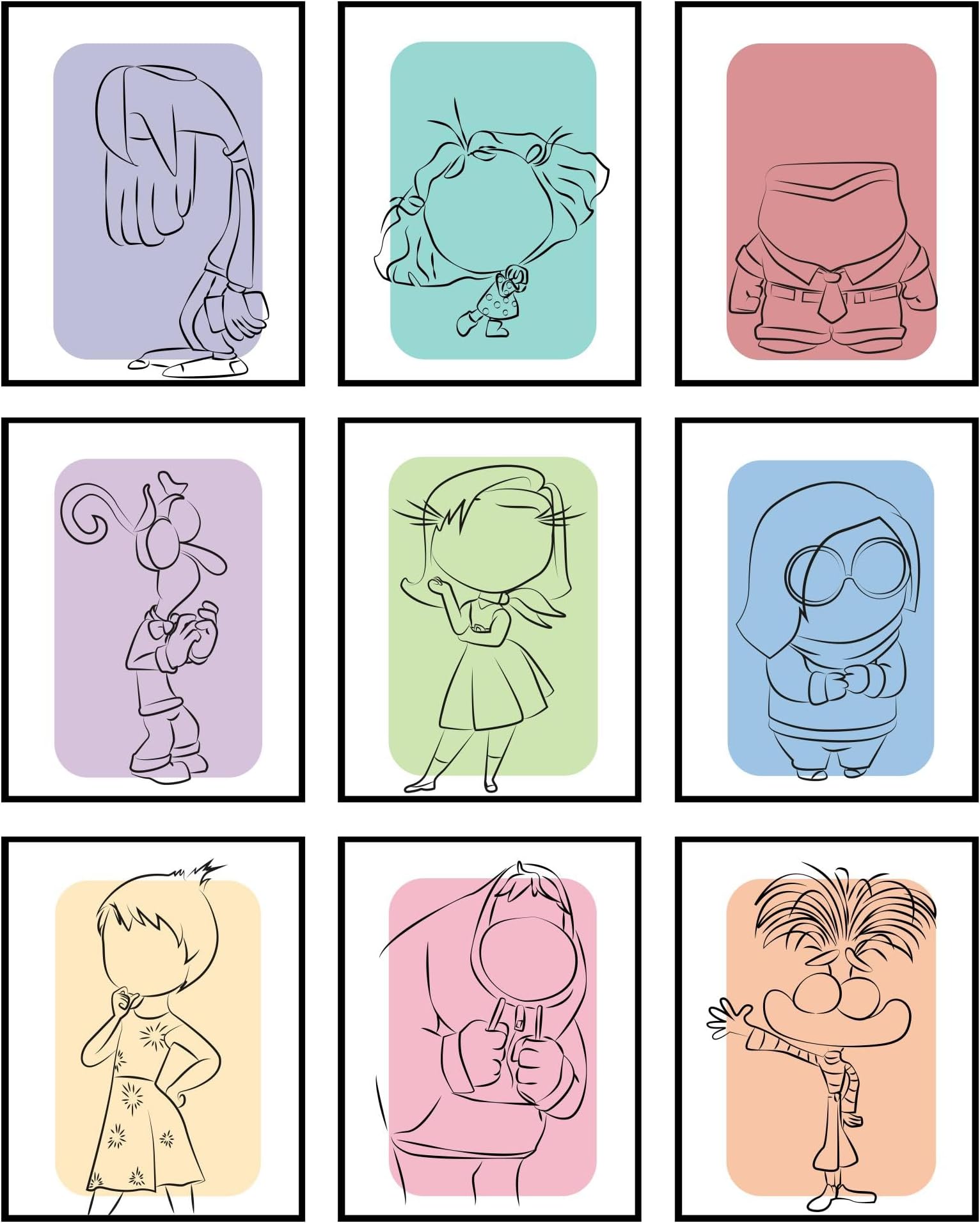 BigWig Prints Inside Out 2 Poster - Inside Out Party Decorations, Characters Joy Fear Envy Ennui Embarrassment Anger Anxiety Disgust, Emotions Posters For Classroom - Unframed Set of 9 (8x10”)