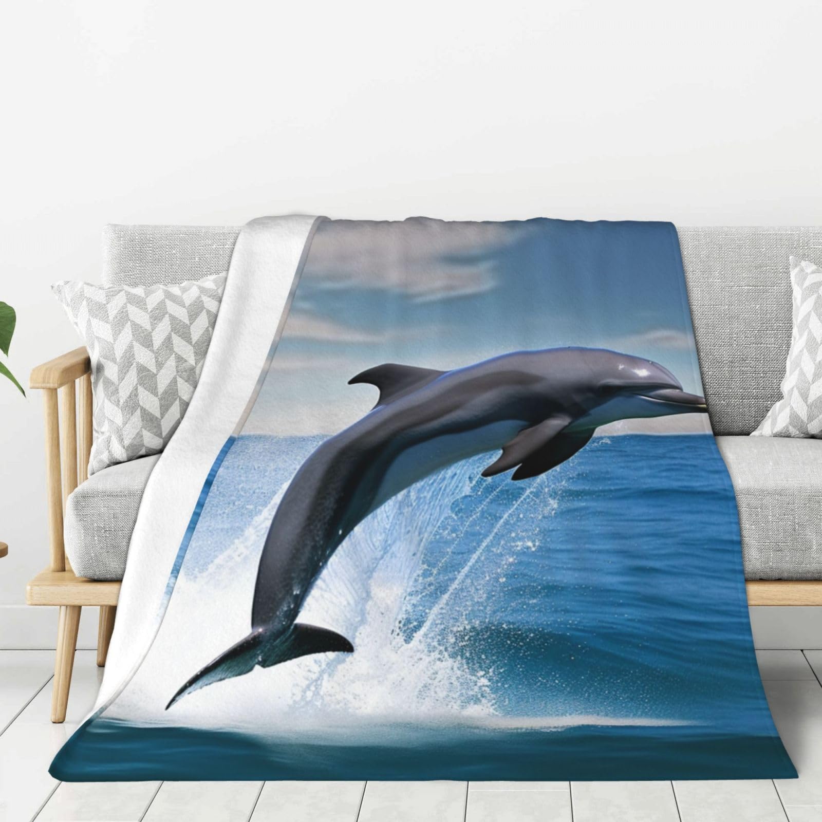 Jumping Up Dolphins Throw Blanket Plush Flannel Fleece Blanket, Soft Lightweight Cozy Blankets 40"X30" for Bed Couch Sofa Travel