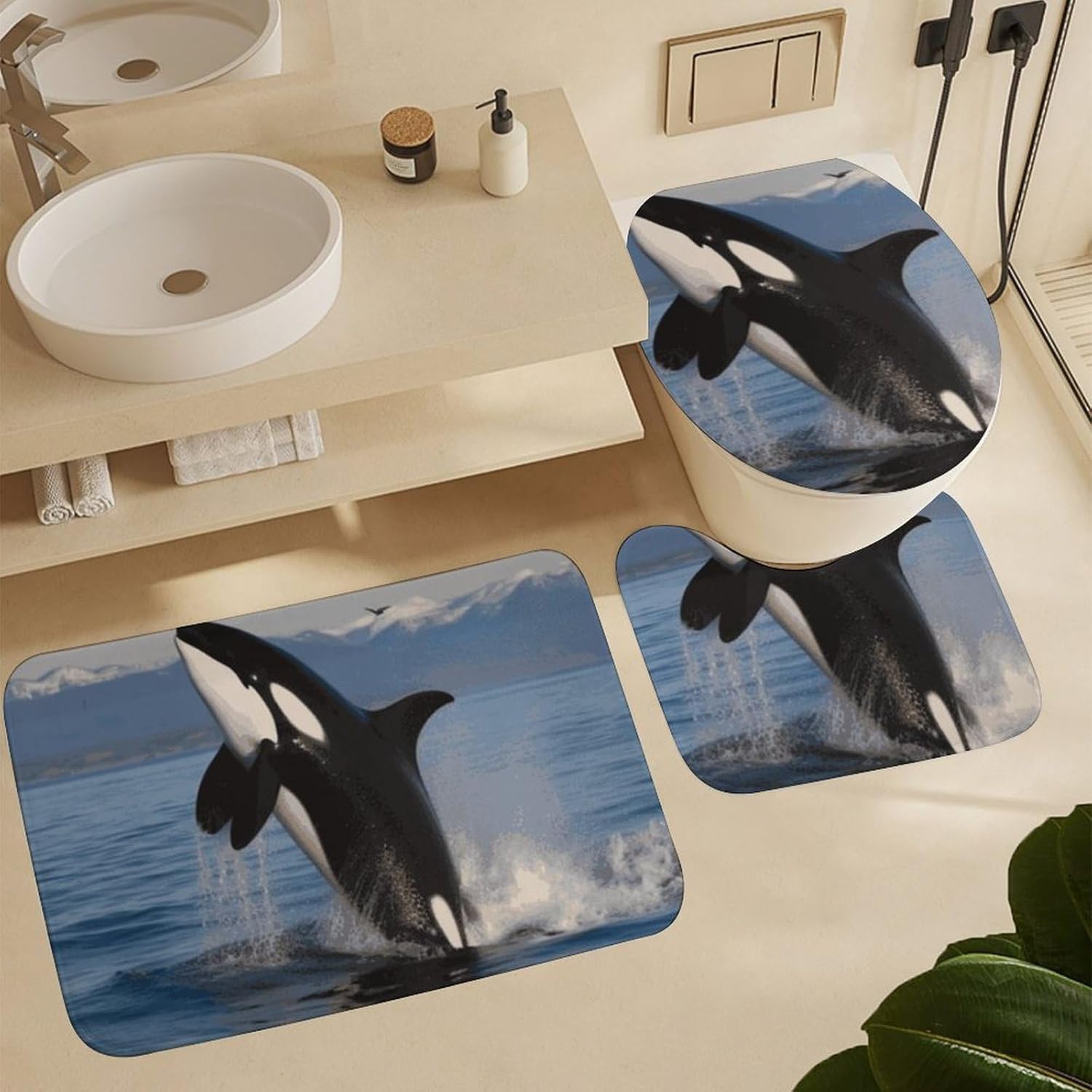 4 Piece Bathroom Rug Set with Shower Curtain, Non-Slip Bath Mat Toilet Cover Set, Killer Whale Bathroom Rug Sets