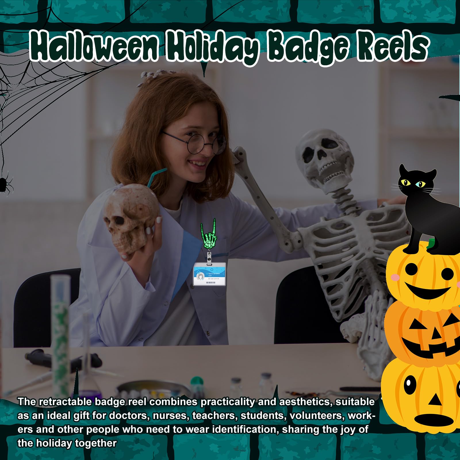Funny Halloween Badge Reel – “No You Hand UP” Ghost Skull Design, Retractable ID Holder For Work & Costume