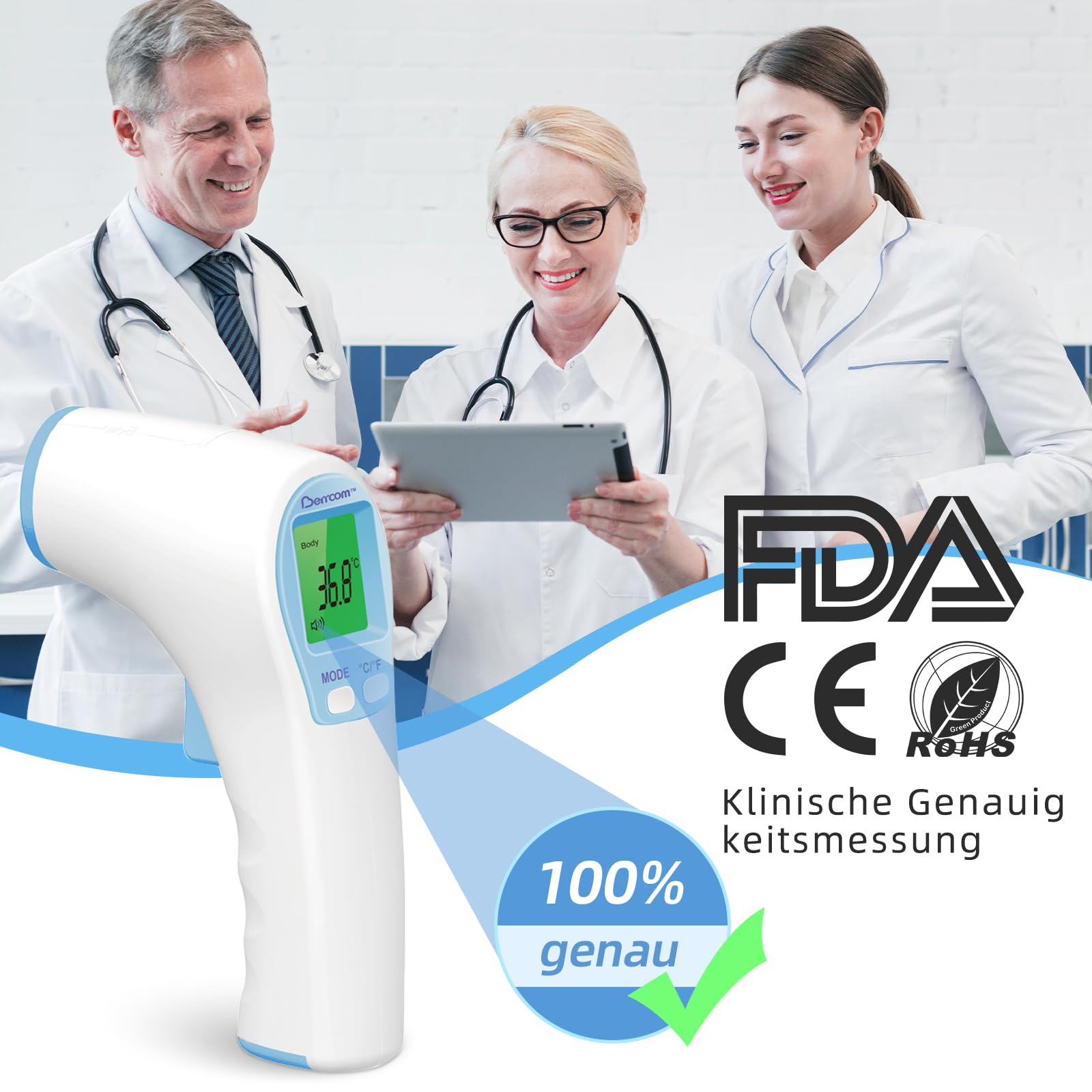 Thermomètre Frontale Sans Contact Berrcom - Mesure Instantanée Bébé Et Adulte, Alarme Fièvre, 32 Mémoires