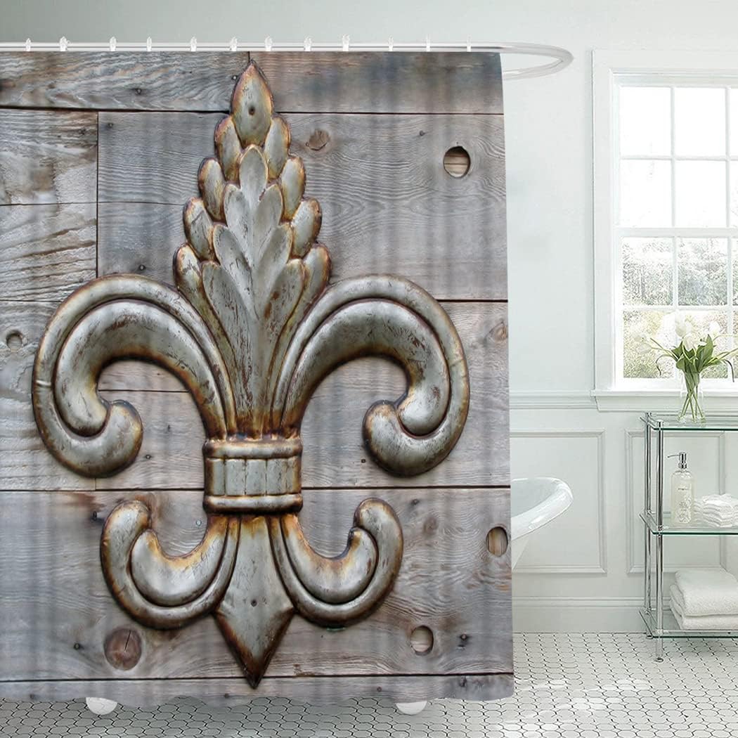 4 Piece Fleur-De-Lis Waterproof Fabric Bathroom Sets with Non-Slip Rugs, Toilet Lid Cover and Bath Mat, Waterproof Shower Curtain with Standard Size