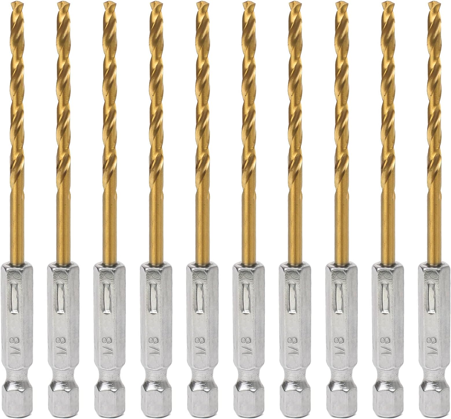 Hex Shank Drill Bits - Set of 10Pcs, 1/8 Inch Premium 4341 HSS Titanium Impact Hex Drill Bits for Wood, Steel, Metal, Plastic, Quick Change Design