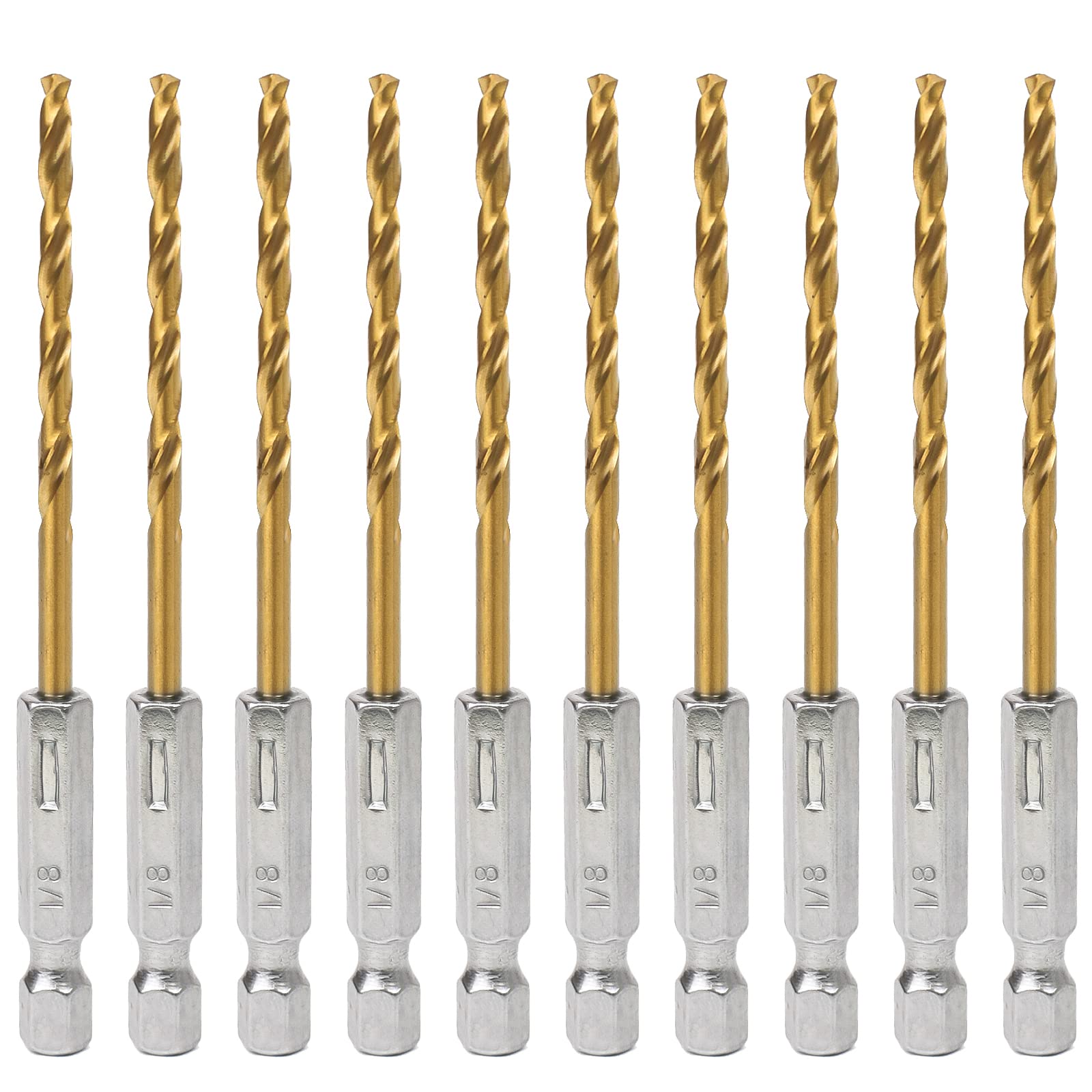Hex Shank Drill Bits - Set of 10Pcs, 1/8 Inch Premium 4341 HSS Titanium Impact Hex Drill Bits for Wood, Steel, Metal, Plastic, Quick Change Design