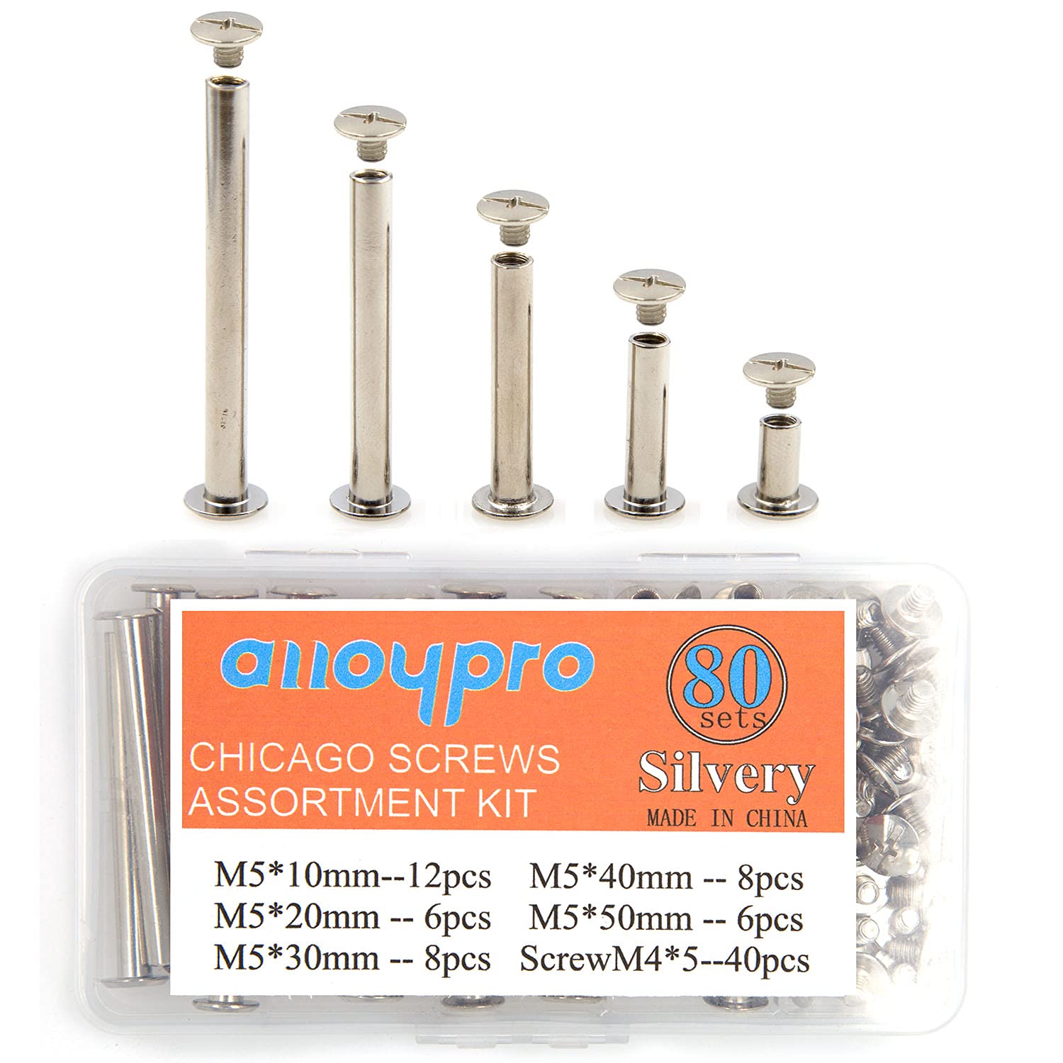 ALLOYPRO80 Pcs Phillips Chicago Binding Screws M5 x 10/20/30/40/50mm Silvery Scrapbook Extenders Post Binding Barrels and Screws Assortment Kit for Scrapbook Photo Albums/Book Binding