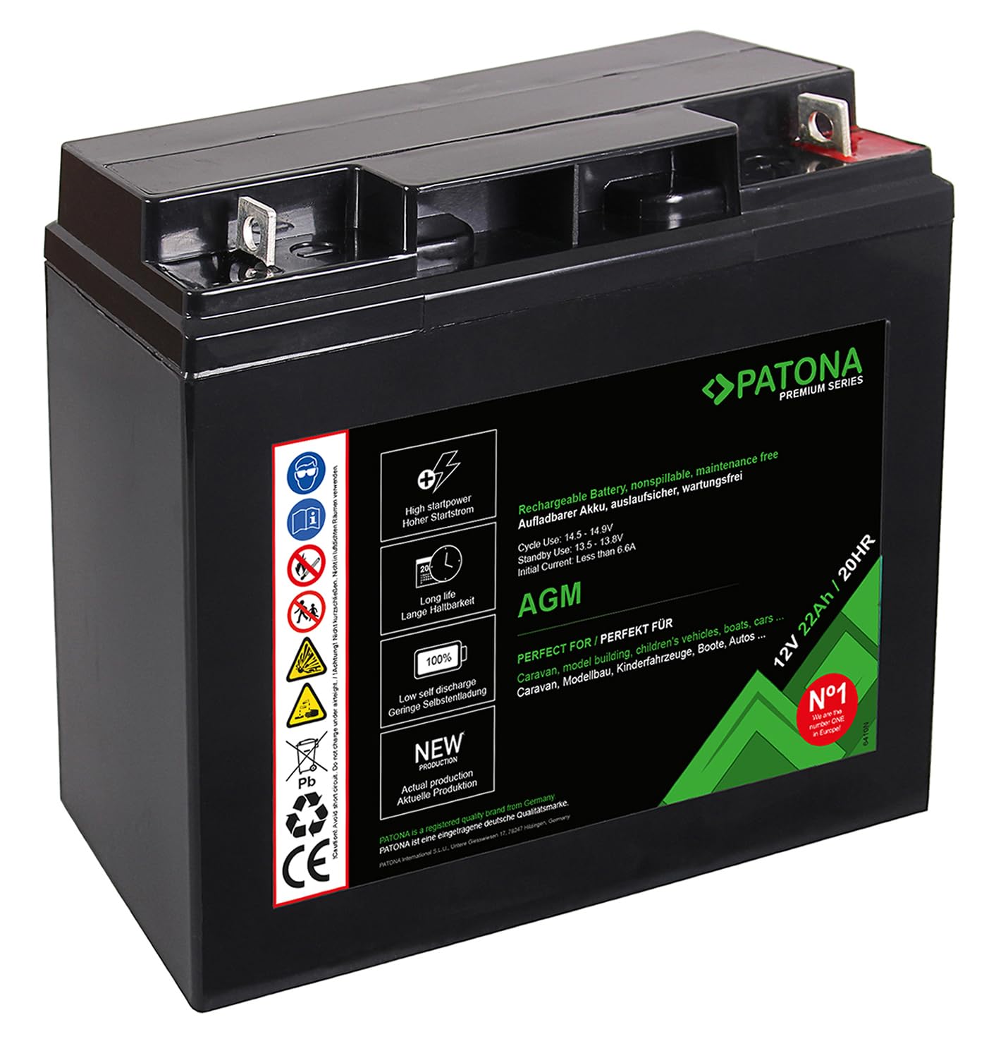 PATONA Premium AGM 12V 22Ah Batería de Plomo Ácido VRLA Sin Mantenimiento | Con 1800 ciclos de carga y tecnología AGM sin mantenimiento, suministro de energía fiable para múltiples aplicaciones