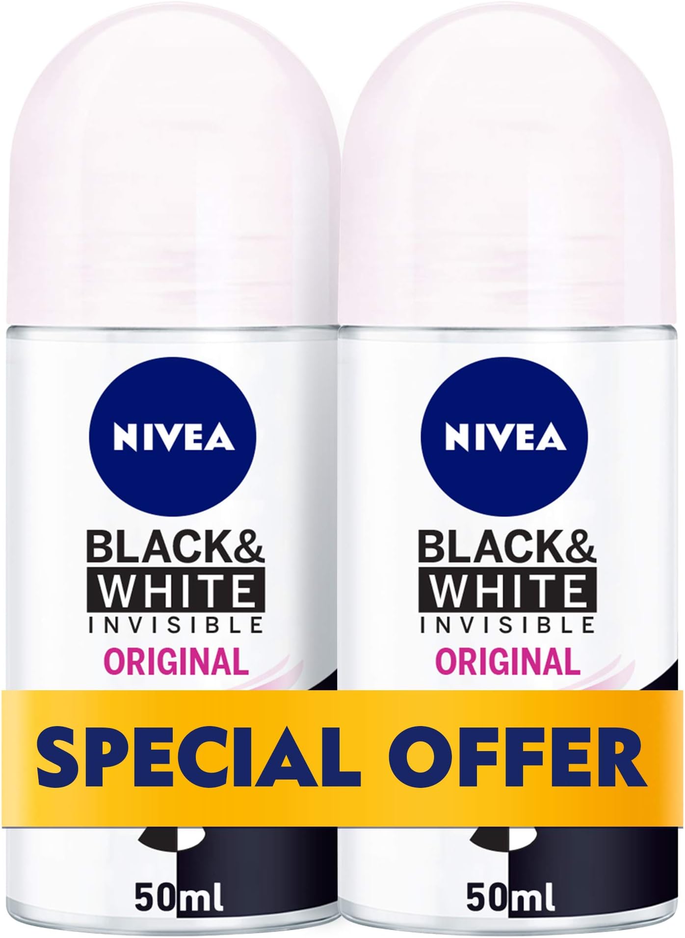 NIVEA, Deodorant Female, Invisible Black & White, Original, Roll-On, 2 x 50ml