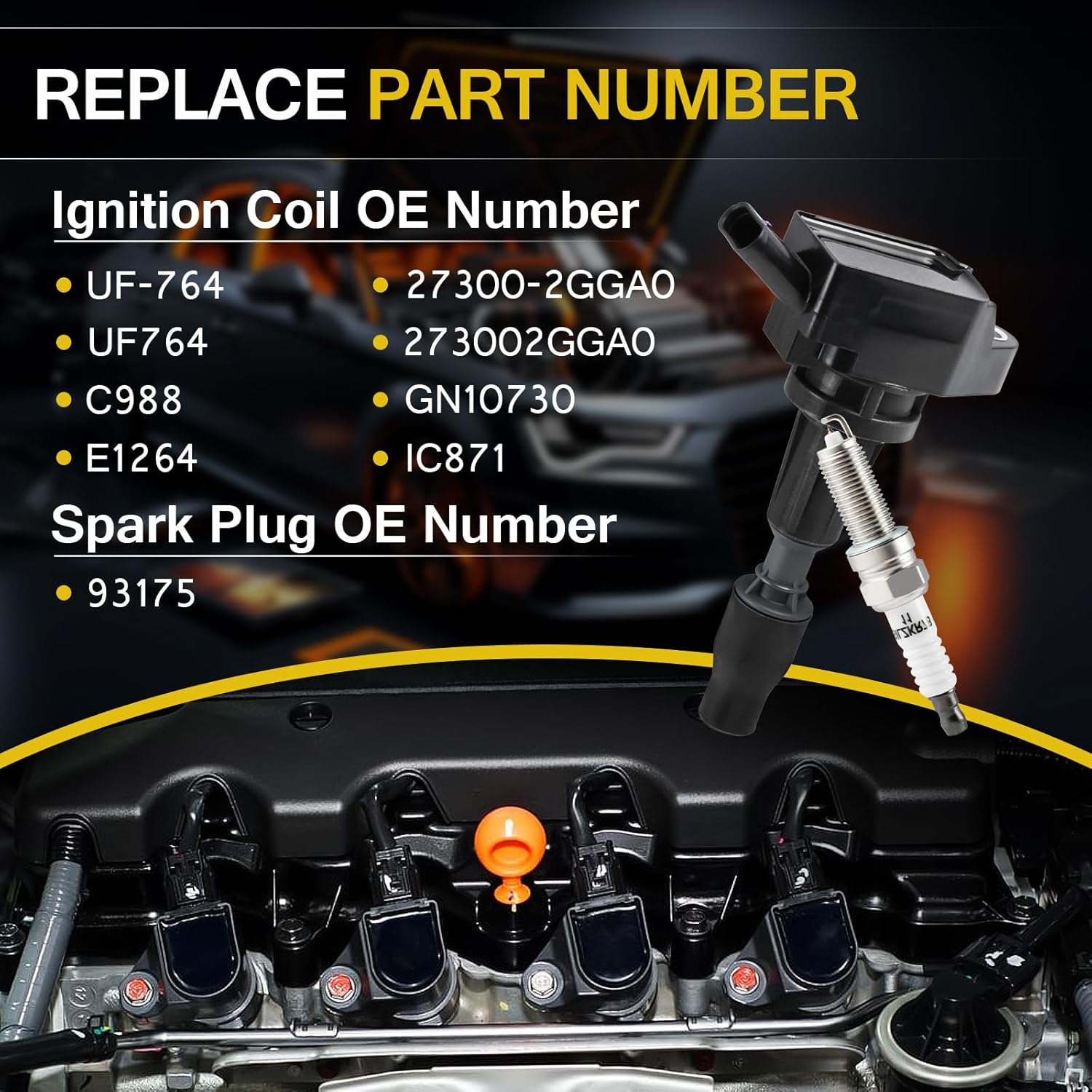 Ignition Coil Pack and Iridium Spark Plugs Set of 4 UF764 93175 Compatible for 2015-2019 Hyundai Sonata Santa Fe Tucson Genesis/Kia Optima Sorento Sportage Stinger 2.0L 2.4L, Replaces GN10730 E1264