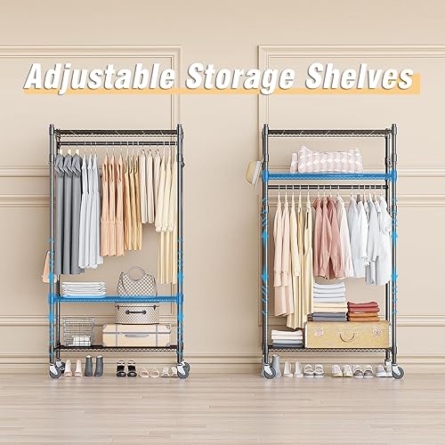 Miniatura 5 de Homdox Perchero resistente con estantes de alambre ajustables de 3 niveles, percheros para colgar ropa, perchero de ropa de doble varilla, armario