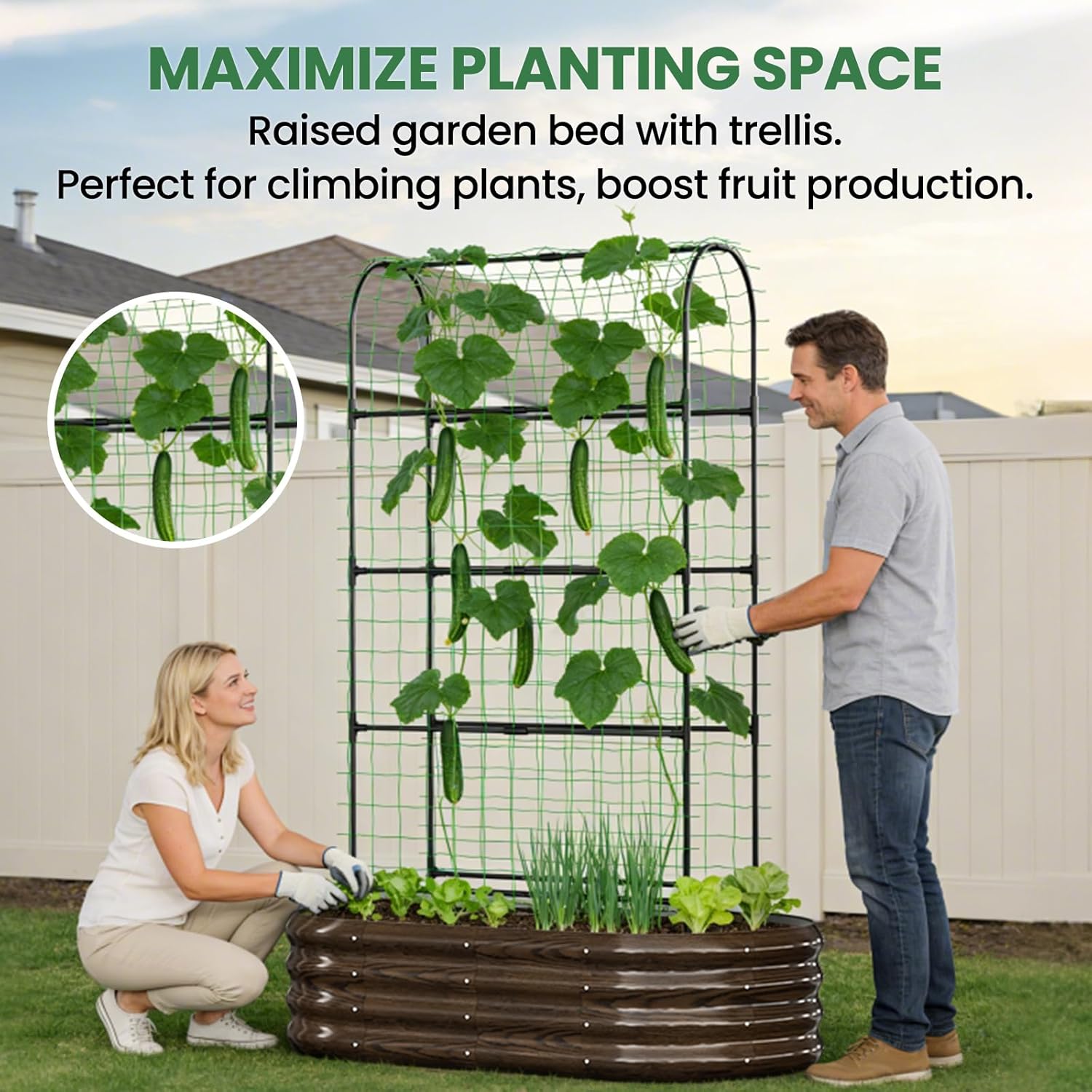 2 in 1 Galvanized Raised Garden Bed with 71" H Arch Trellis for Climbing Plants, Outdoor Gardening Planter Box with Climbing Net for Flowers Vegetables Fruits Herbs, Wood Grain