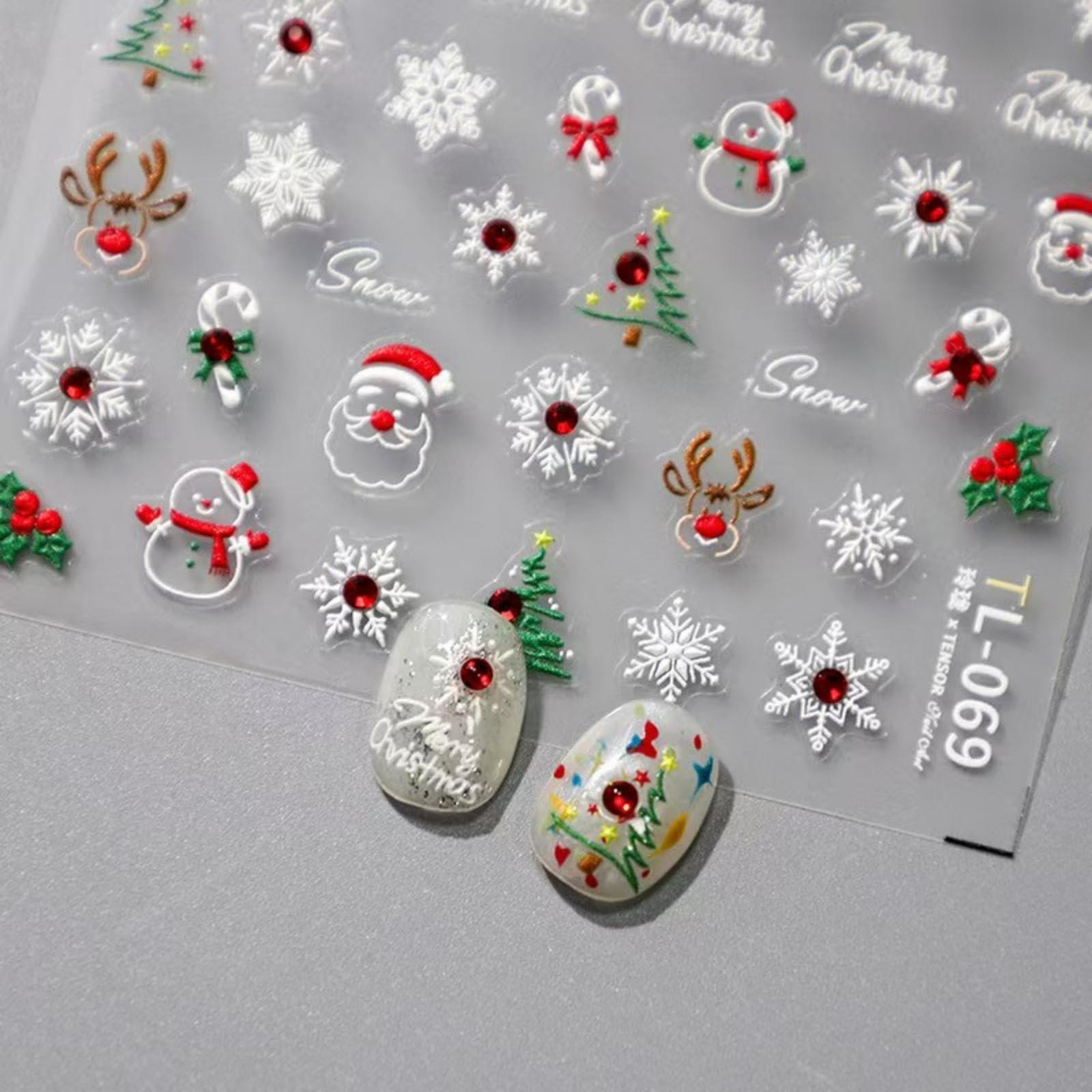 5D Embossed Christmas Nail Art Stickers for Nails Art Santa Claus Snowflake Nail Decals Xmas Winter Self Adhesive Rhinestone with Design for Women Manicure Supplies Decorations Accessories