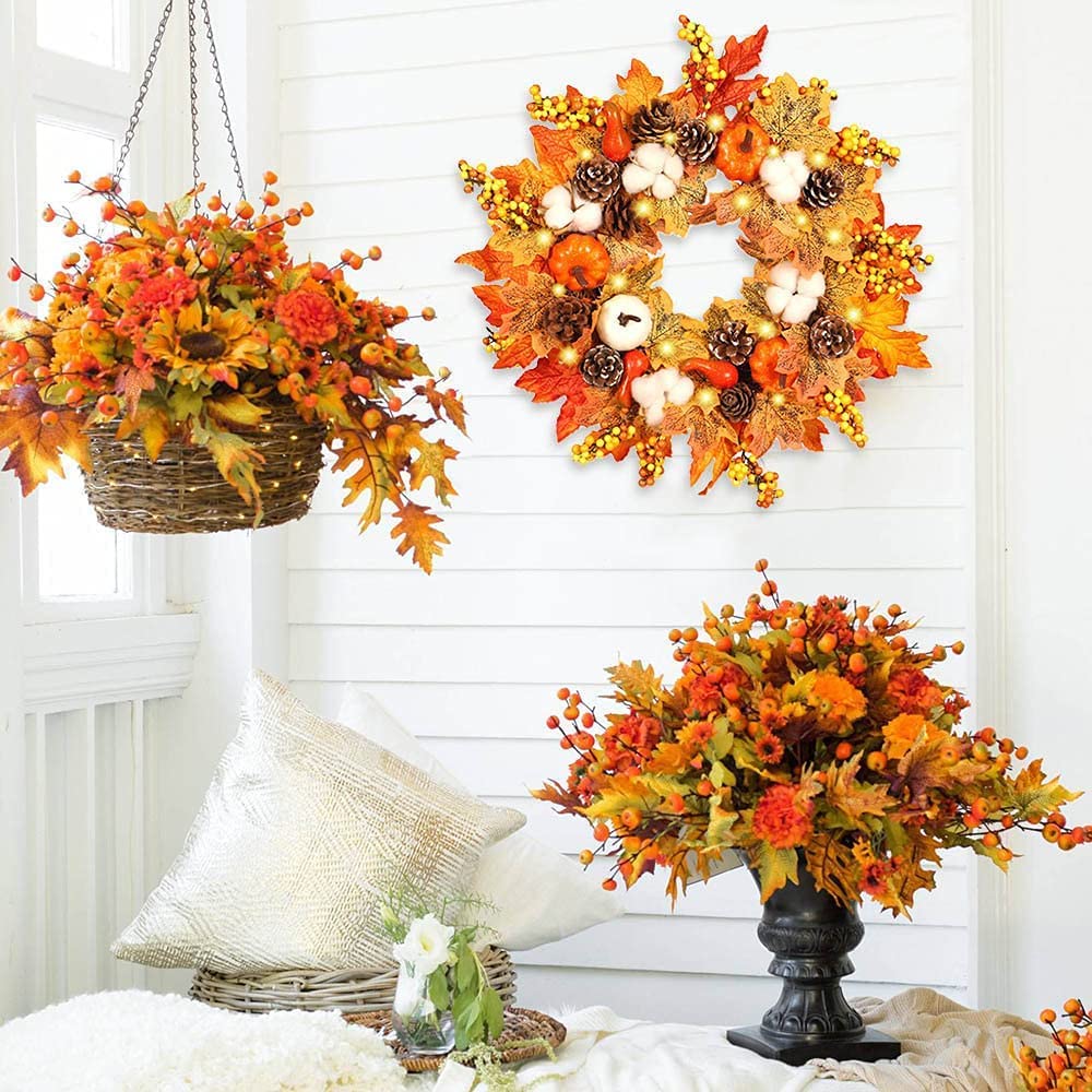 Guirnalda de simulación de otoño con luz LED 50 cm Hoja de arce Calabaza Guirnalda de bayas Guirnalda de puerta artificial de mimbre Colgante de pared Decoración de otoño para Halloween Acción de grac
