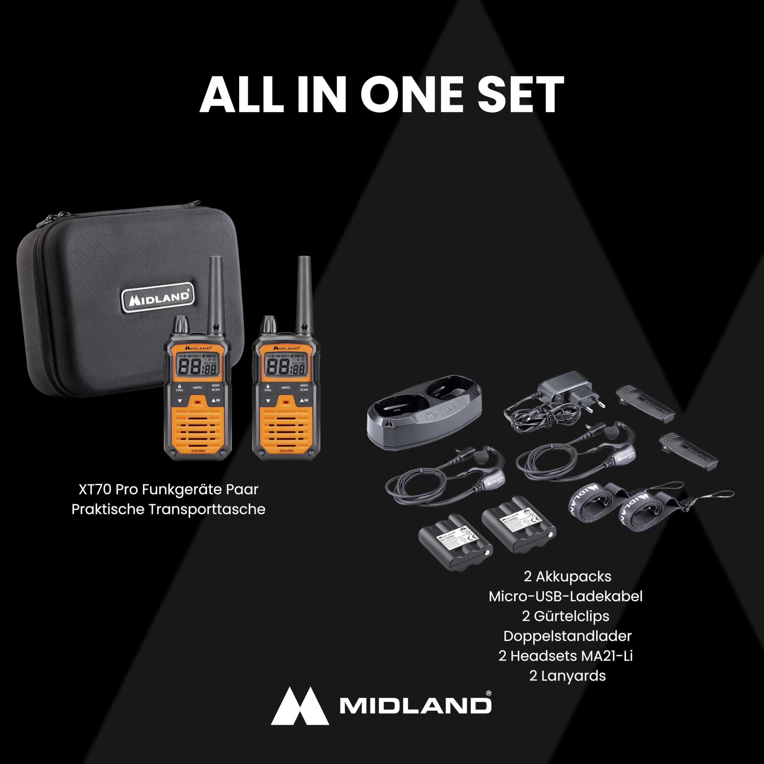Midland XT70 Pro Hobby & Work Kofferset, PMR + LPD-Funkgeräte mit bis zu 12 km Reichweite, Walkie Talkie Set inkl. Headsets & Tasche, IPX4 wassergeschützt