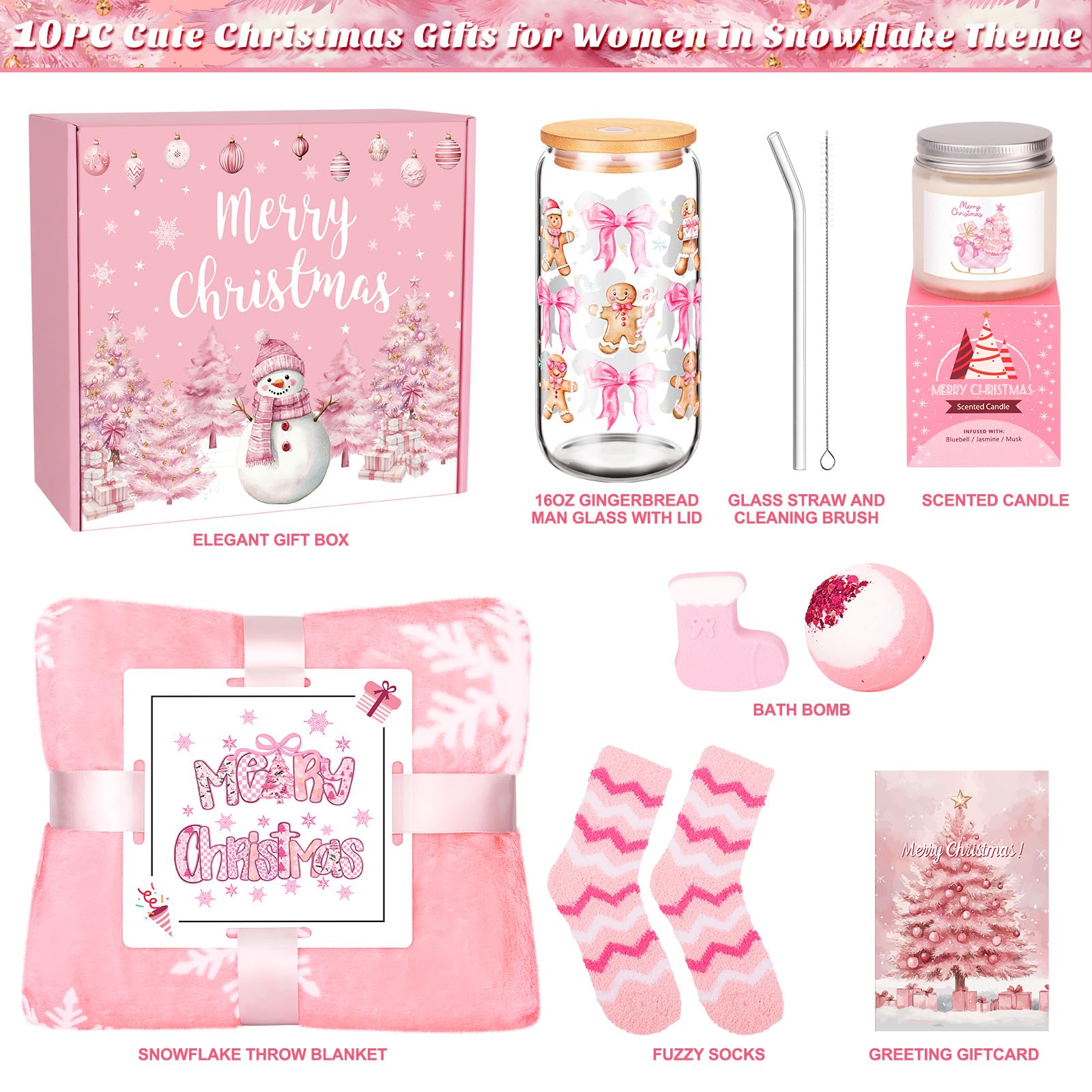 Christmas Gifts for Women Pink, Womens Christmas Gift Set 2025, Xmas Gifts Baskets, Snowman Presents for Women, Coworkers, Teacher, Sister, Mom, Wife, Friend, Secret Santa Gift
