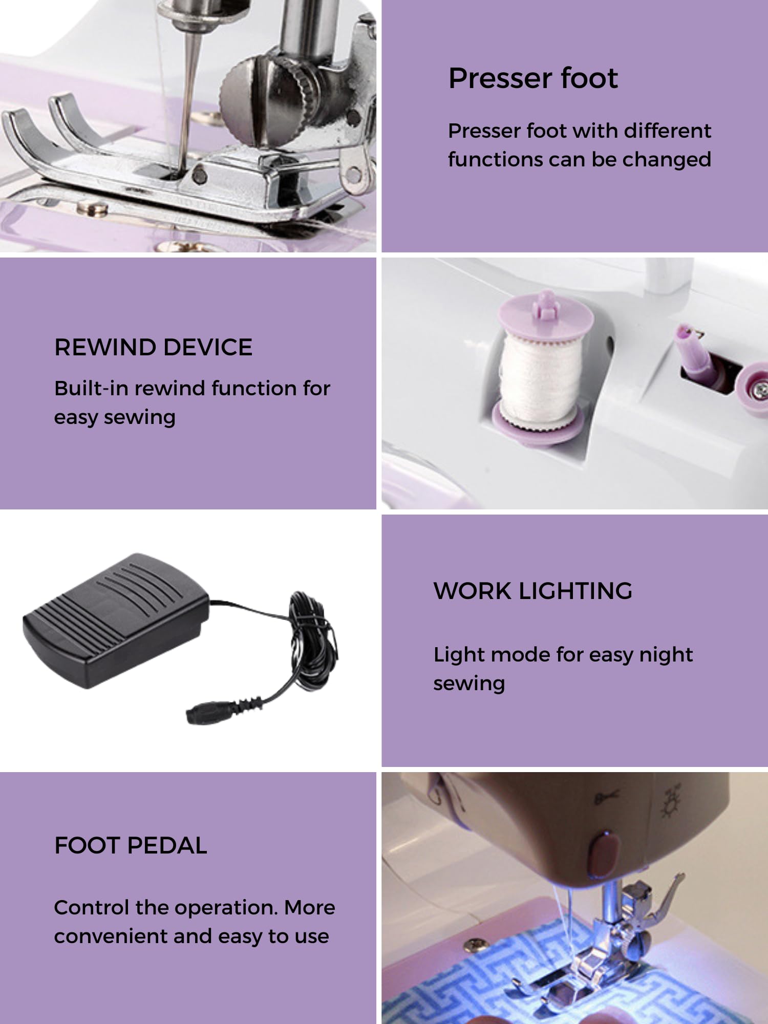 Máquina de Coser Portátil con 2 Velocidades y 12 Puntadas. Incluye Pedal, Kit de Costura, Luz de Trabajo y Cortador de Hilo. Funciona con Cable o Pilas AA (no incluidas)