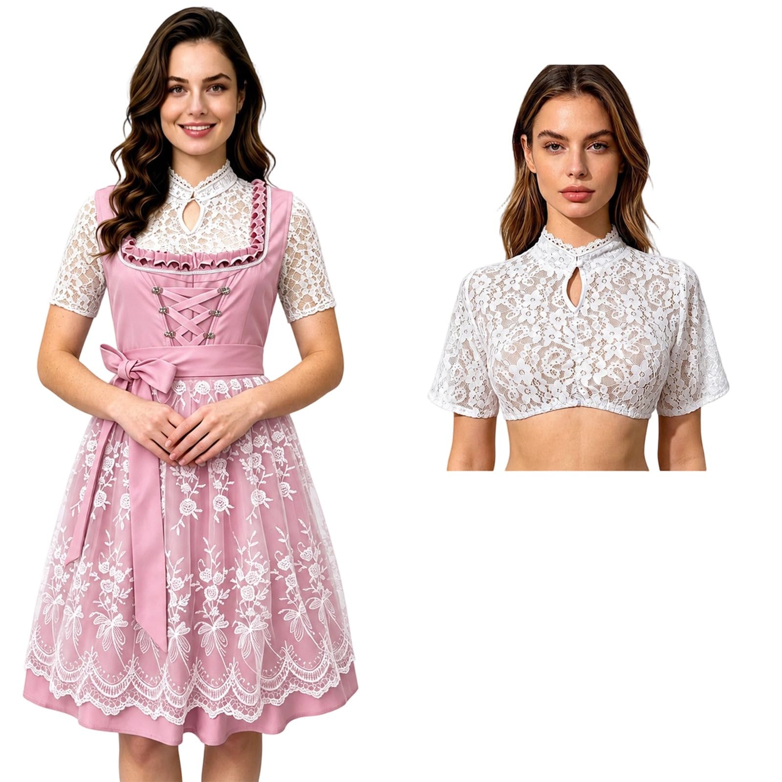 Didadihu Damen 3 Teilig Dirndl Midi Komplettset mit DirndBluse und Spitzenschürze,Elegantes Dirndlkleid Damen Hochgeschlossen,Modernes Trachtenkleid für Oktoberfest Wiesn Trachten Outfit
