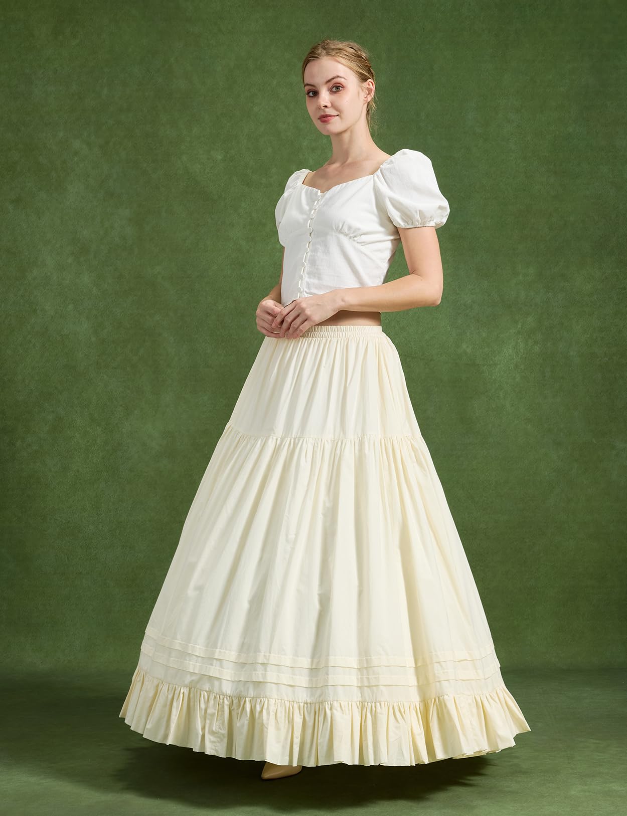 BEAUTELICATE Sottogonna Cotone Lunga Retro A-Linea Sottoveste Voluminoso con Volant Vita Alta Maxi Gonna per Costumi Edoardiana Medievali Bianco Beige