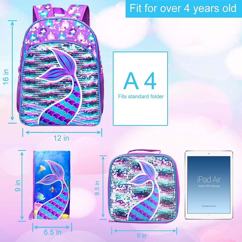 3PCS Girls Backpack, 16" Sequin Prechool Elementary Bookbag and Lunch Box - Image 3
