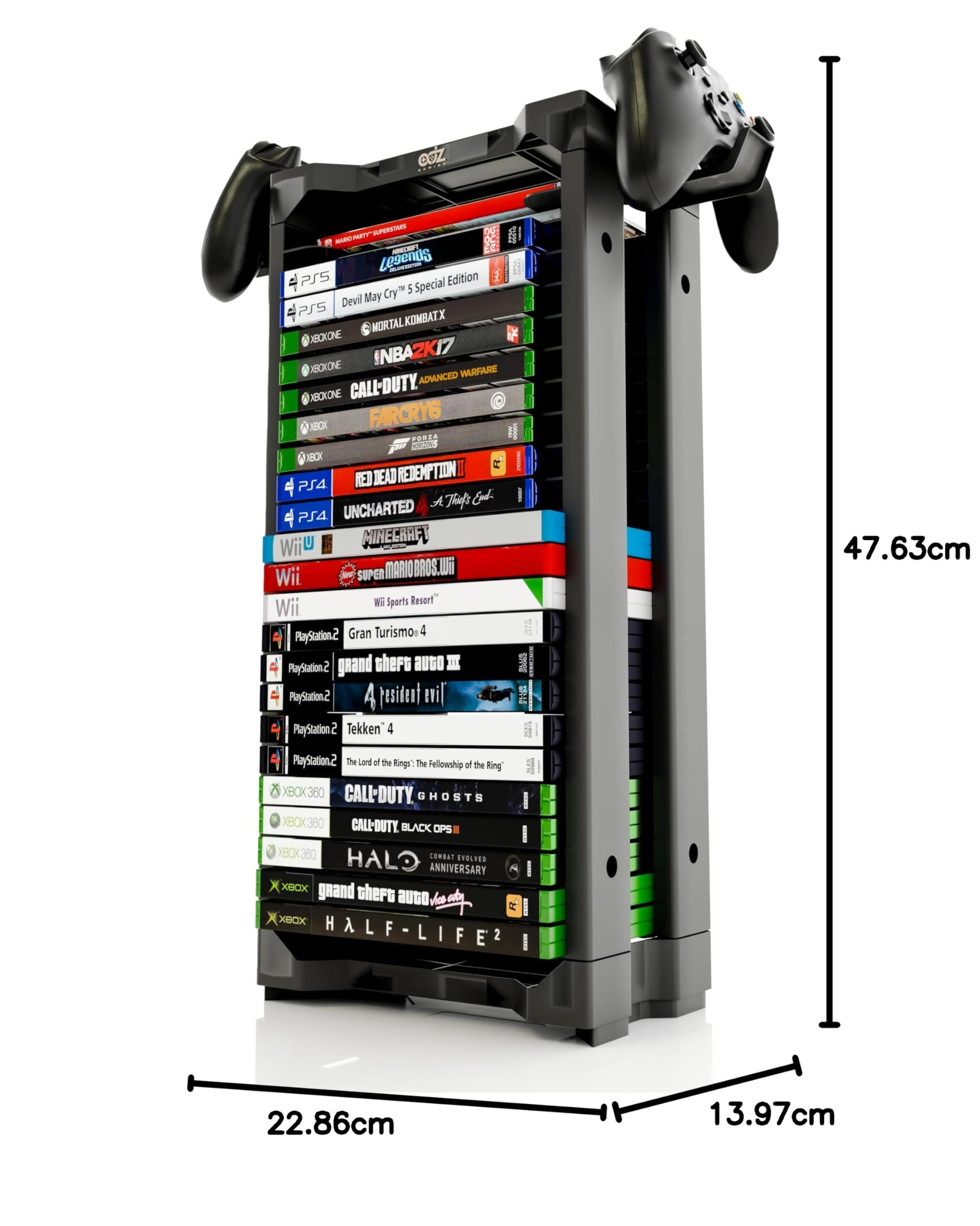 ADZ Universal Game Holder – 23 Ripiani per Archiviazione Giochi per PS2 PS3 PS4 PS5 PSP Xbox 360 Xbox One Series X Wii Switch Giochi DVD e Dischi Blu-Ray. Include 2 Supporti per Controller