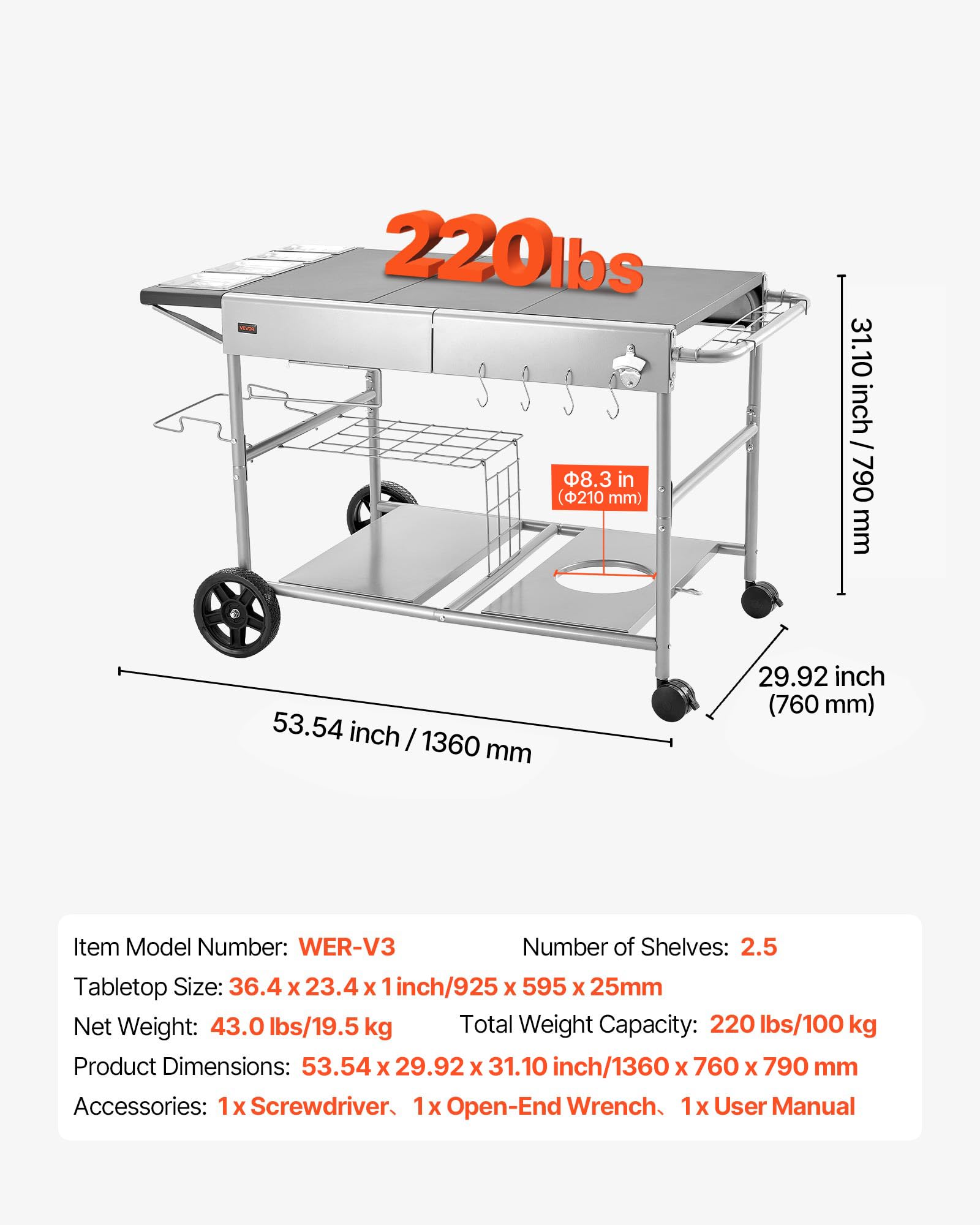 VEVOR Desserte de Jardin pour Plancha, Chariot de Barbecue 136x76x79 cm, pour Préparation de Cuisine BBQ Piques-niques Terrasse Extérieur, avec Roues, Récipients à Épices, Couvercles et Crochets