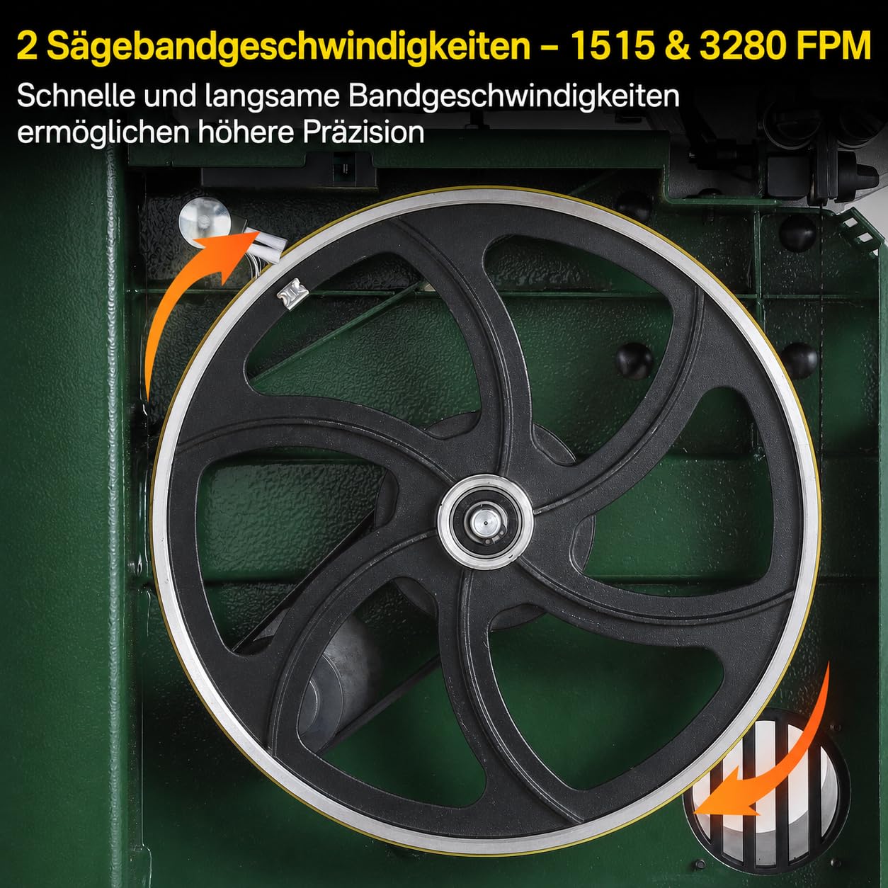 250B Tisch-Bandsäge, Holz, 350W Kupfermotor, 2-Gang 460/1000 m/min, Schnitthöhe 120mm, Tischneigung -5° bis 45°, Rad-Ø 250mm, Sägeblatt 1790mm, Stahlrahmen