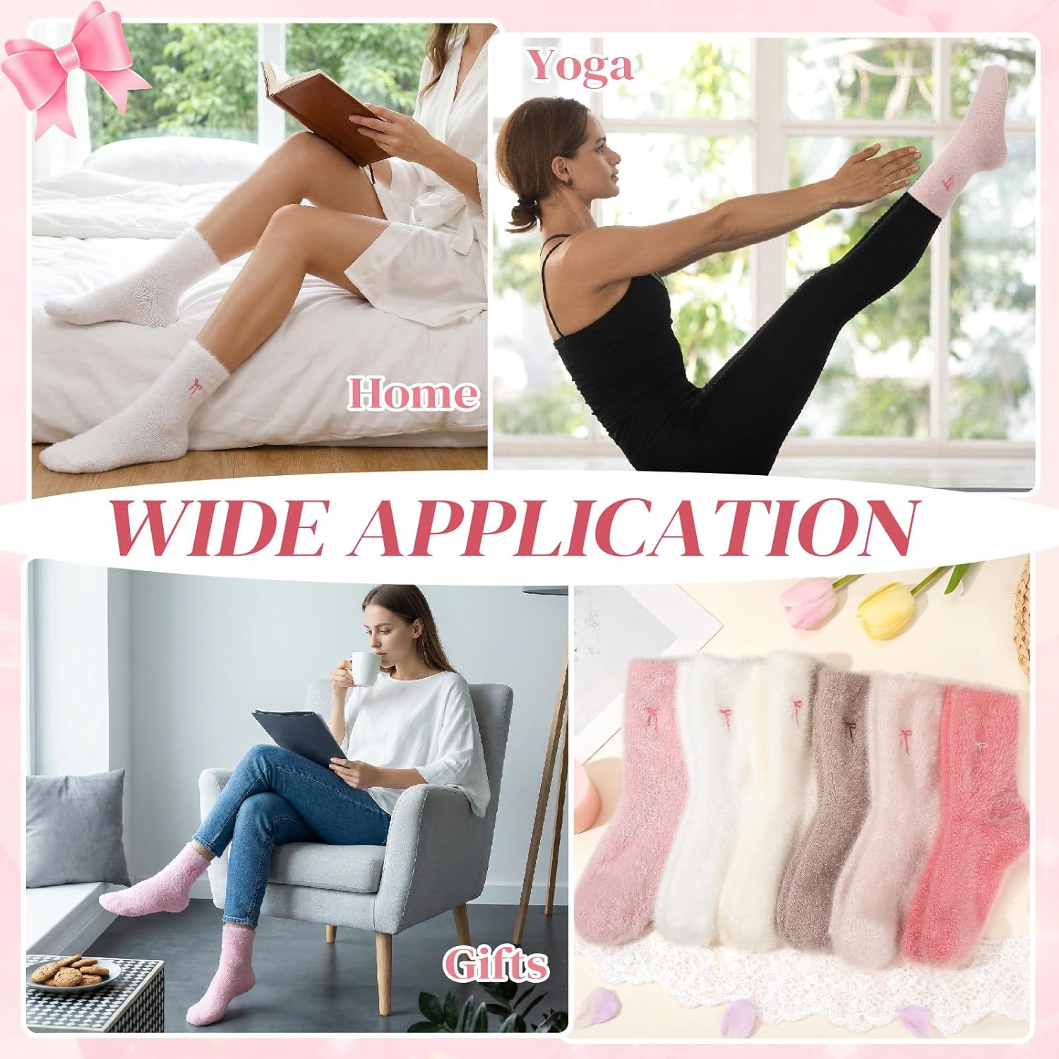 Womens Fuzzy Socks Bow Cute Animal Girls Slipper Sock Funny Winter Cozy Fluffy Warm Socks Home Sleeping - Image 2