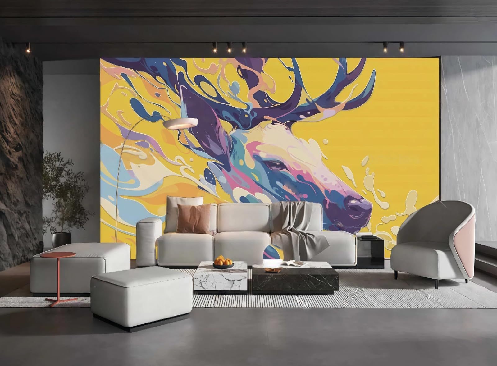 Papier peint orange salon moderne : sublimez votre espace TV avec la fresque tête de cerf 3D