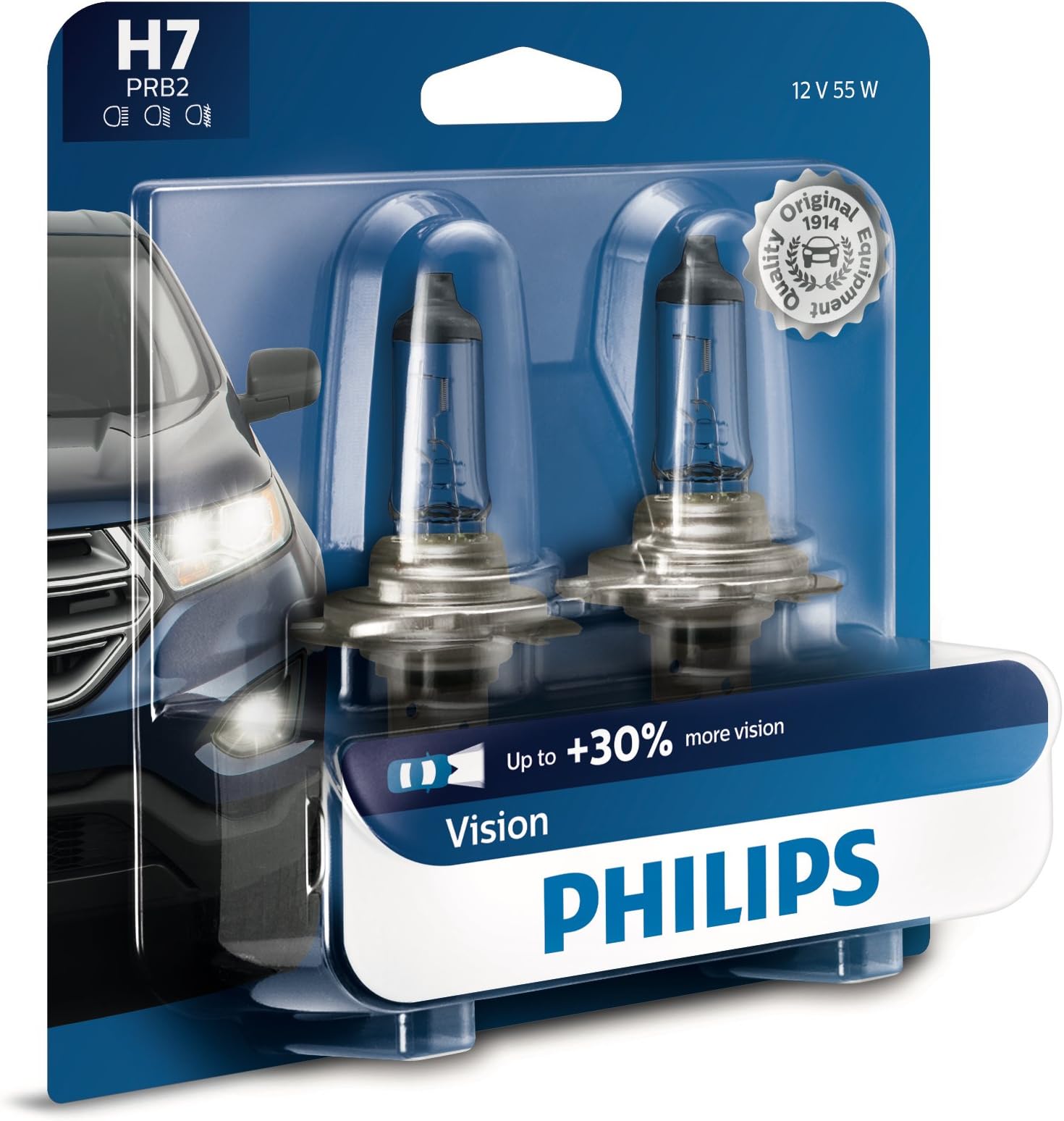 Philips H7 Vision Upgrade Headlight Bulb With Up To 30% More Vision, 2 Pack