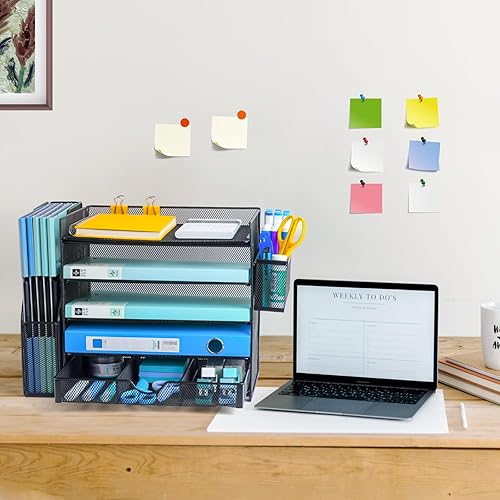 Miniatura 6 de Organizadores de escritorio con soporte para archivos, bandeja organizadora de papel de 5 niveles con cajones deslizantes y soporte adicional para