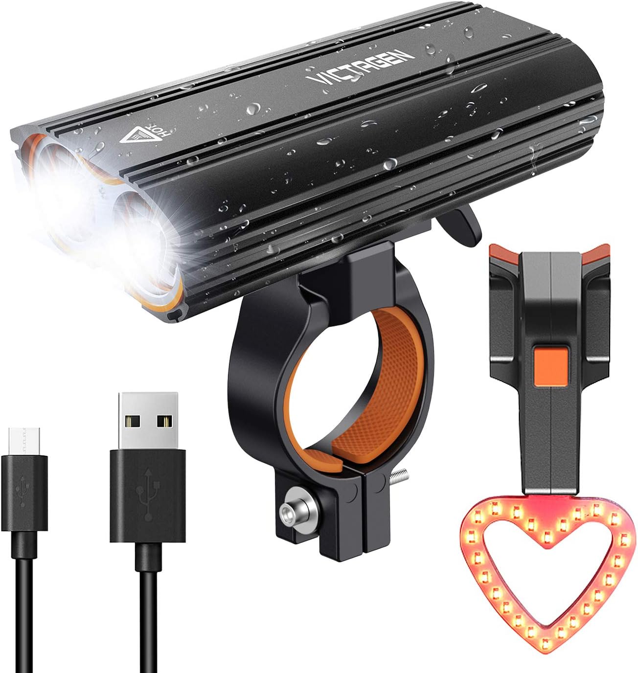 Victagen USB Rechargeable Bike Light Sets, Rechargeable Super Bright 2400 Lumens Front Light with Rechargeable Bike Tail Light, Helmet Light, Waterproof Bike Headlamp, Easy Mount Remove and Rotatable