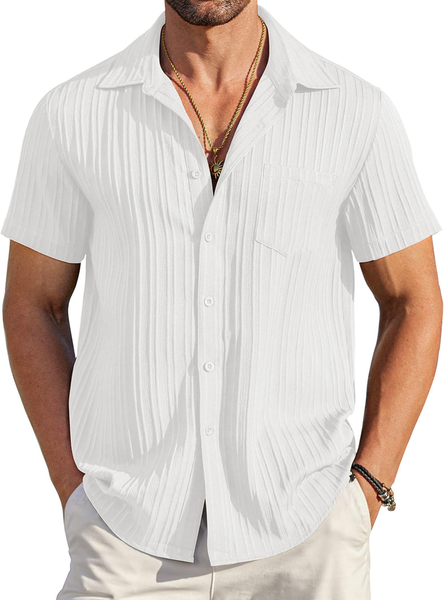 Men's Casual Button Down Shirts Short Sleeve Textured Summer Beach Shirt with Pocket