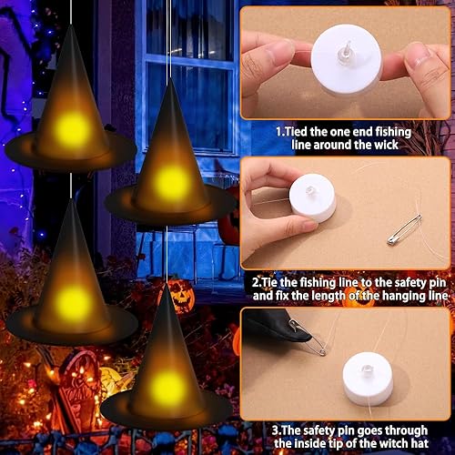 Miniatura 3 de YUJUN 24 sombreros de bruja colgantes de Halloween, sombreros de bruja negros iluminados con murciélagos 3D, decoración para interiores y