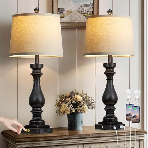 29" Tall Vintage Table Lamps Set of 2,Black Farmhouse Bedside Lamps with USB C+A Ports & AC Outlet,3-Way Dimmable Touch Lamp for Night Stands Living