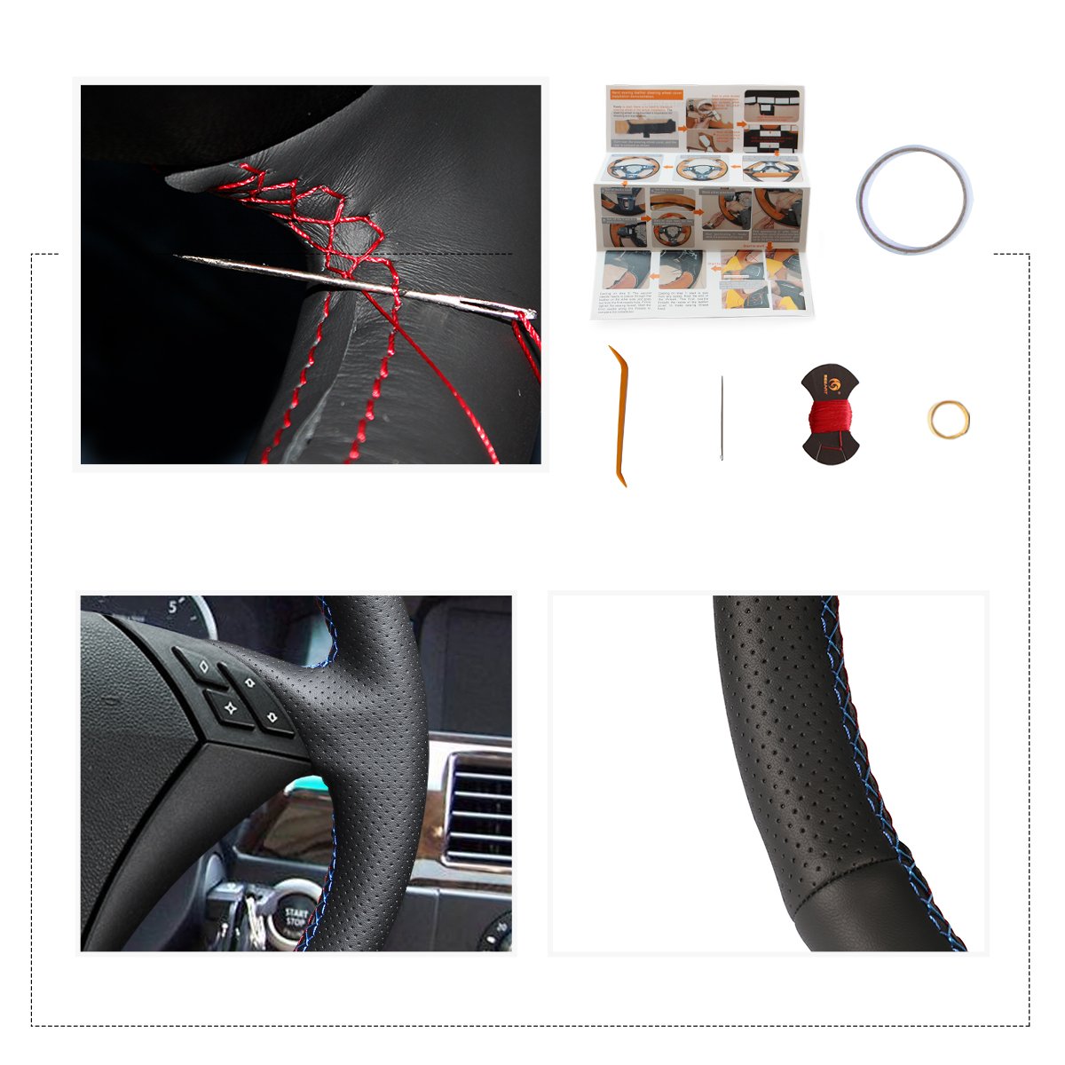 MEWANT Lenkradbezug für E60 (Sedan) 530d 2003–2009 E61 (Touring) 2004–2009 Handsewing Lenkradhülle aus schwarzem Kunstleder