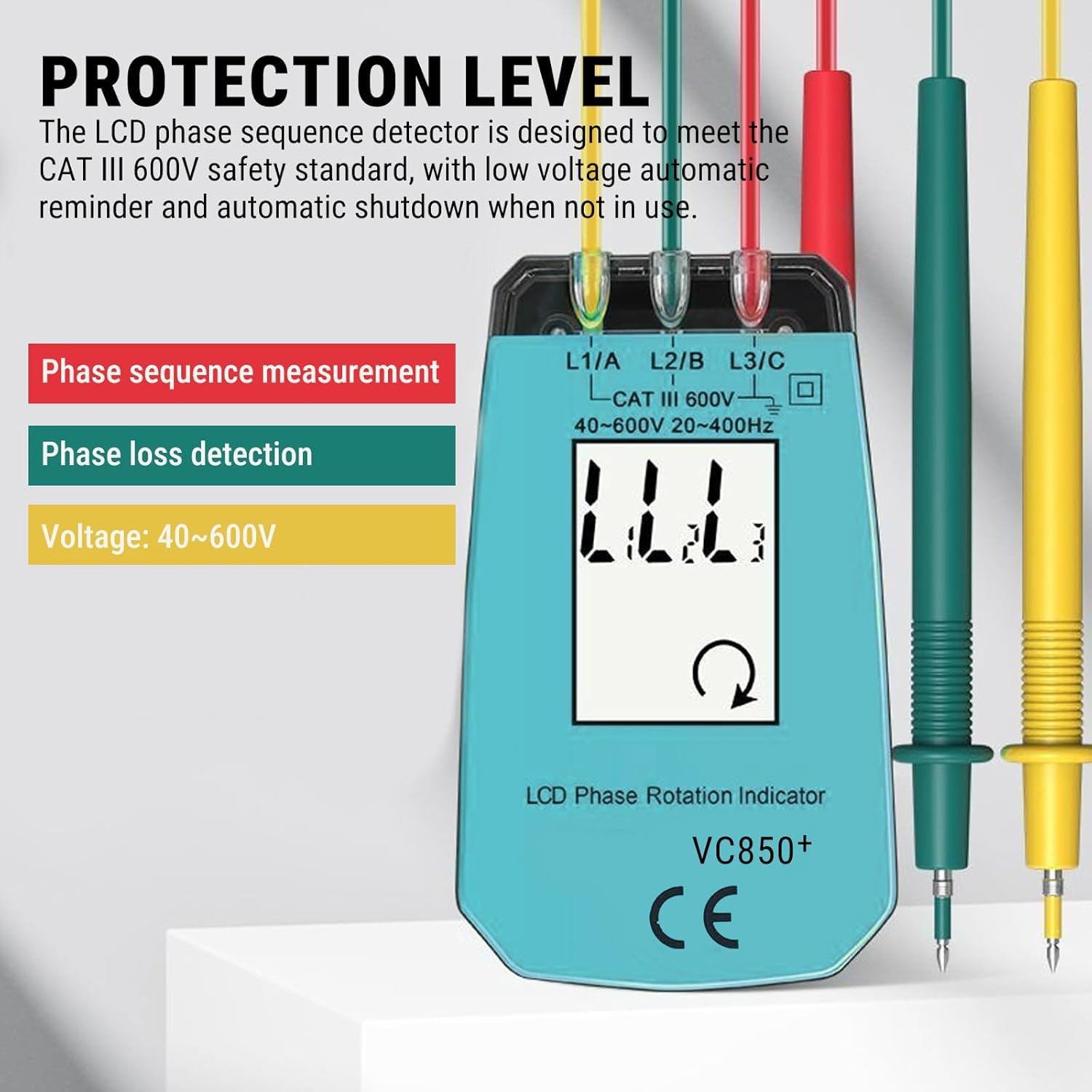 Secuencia de Fase Presencia Rotación Tester, AC40V~600V Comprobador de fase portátil de 3 fases, VC850A Medidor de Secuencia de Fases sin Contactos, para equipos de alta tensión