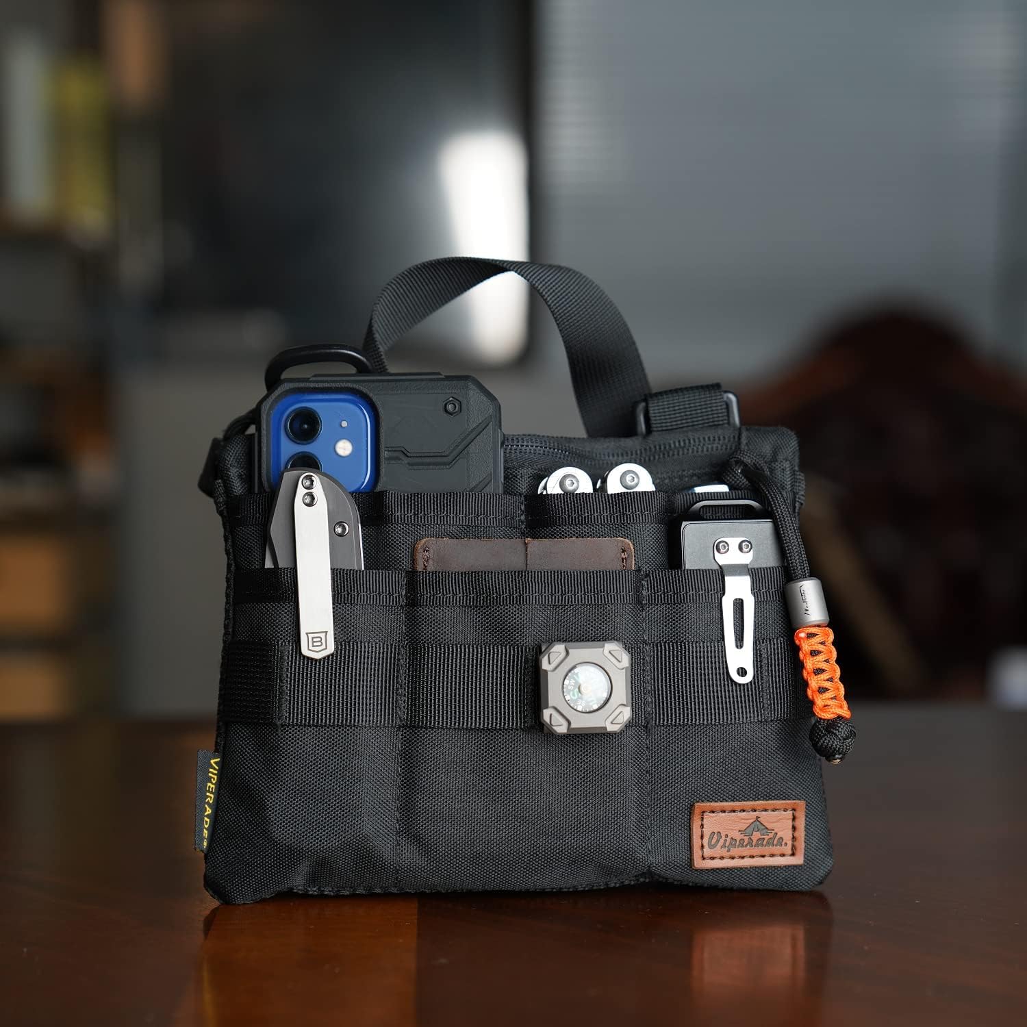 VIPERADE VE5 Slim EDC Pouch with 7 Pockets, Mens Pocket Organizer Multitool Pouch, Mini Crossbody Messenger Bag (No Strap)